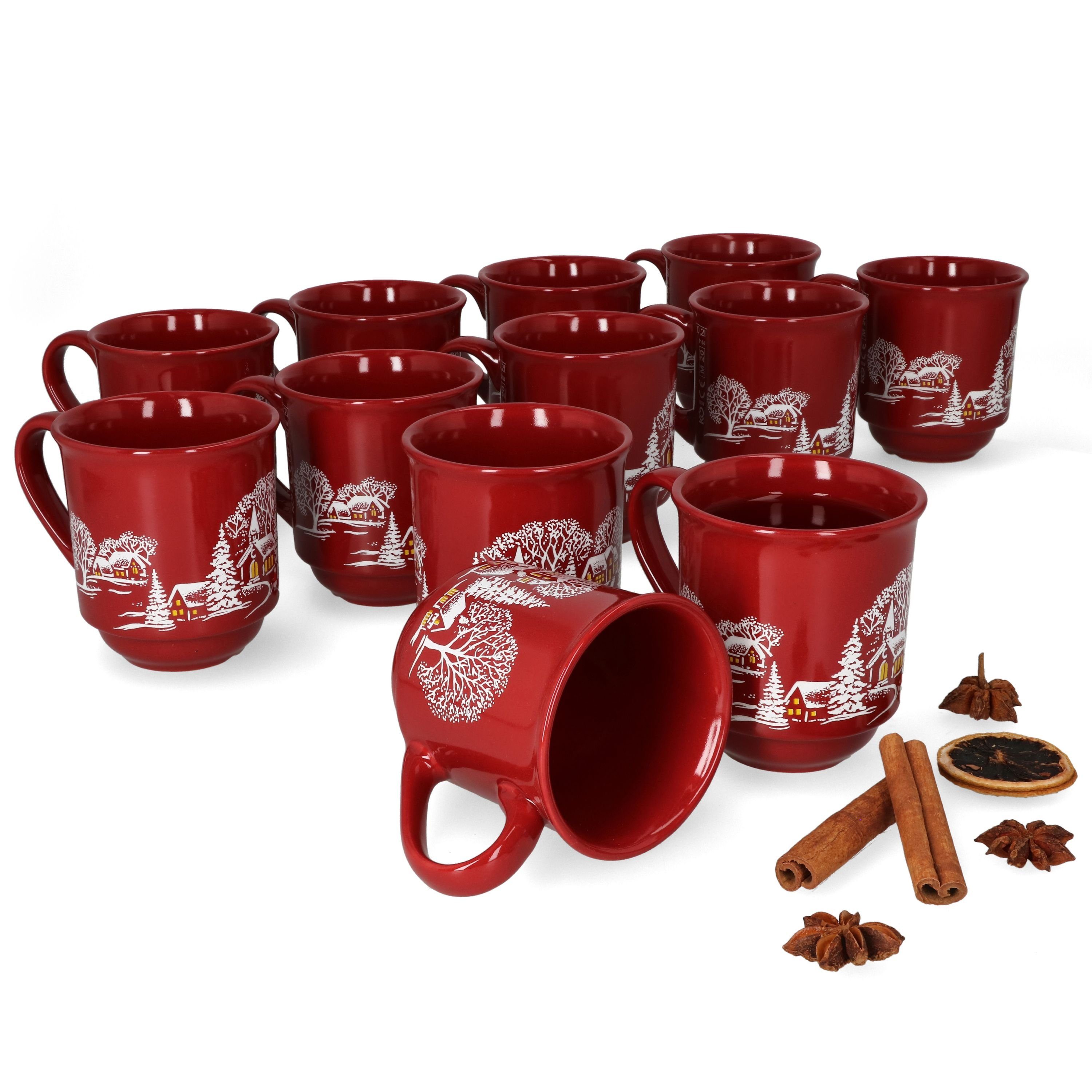 MamboCat Tasse 12er Set Кухоль глінтвейну dunkelrot Weihnachtslandschaft 0,2L geeicht, Keramik, Weihnachtsgeschirr, Weihnachten, Weihnachtsmarkt, Punsch