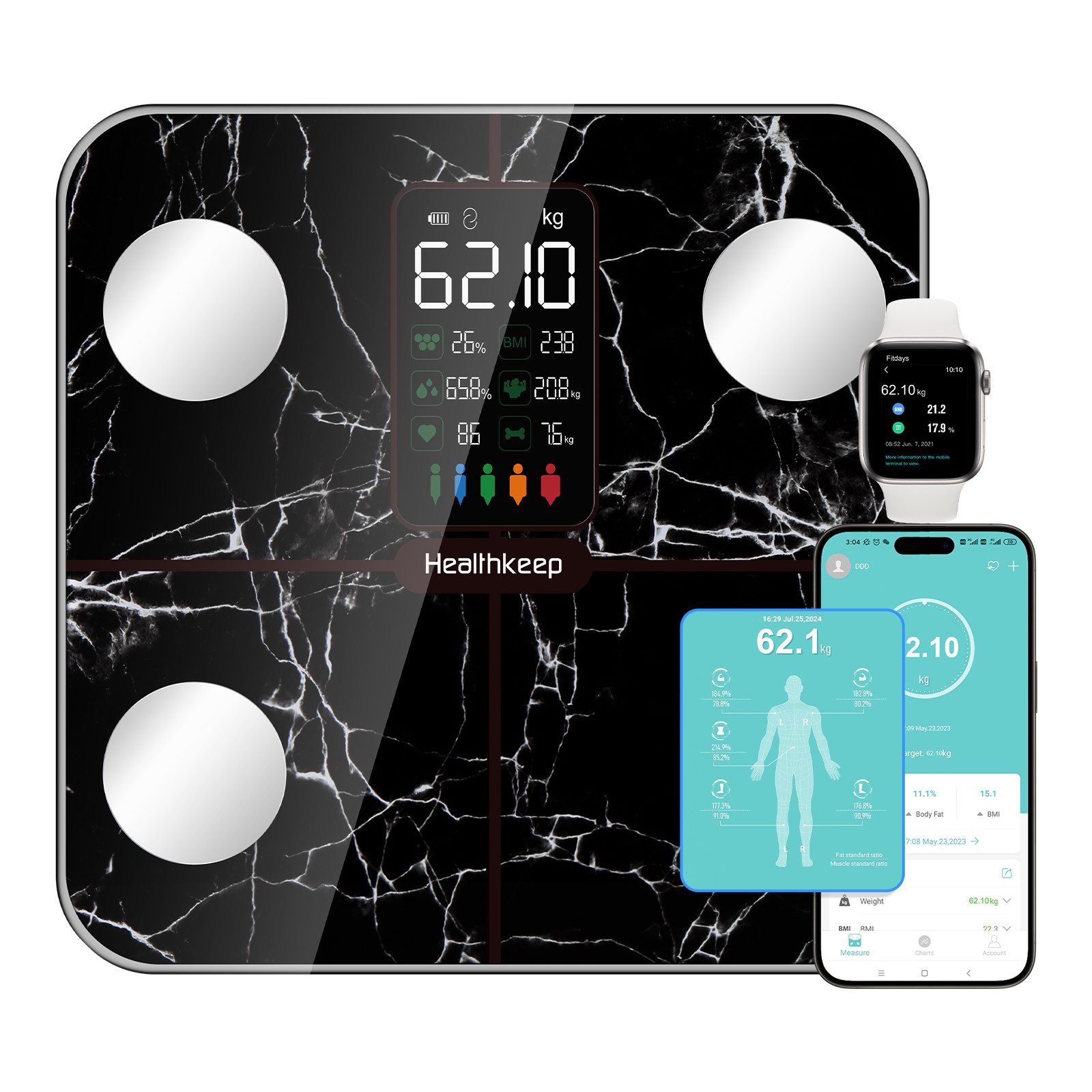 Healthkeep Körper-Analyse-Waage Intelligente Körperanalysewaage 15 Körperdaten mit großem VA-Display, Digitale Waage Impedanzmessung Bluetooth, App für Android und iOS Max. 180kg/400lb/28st