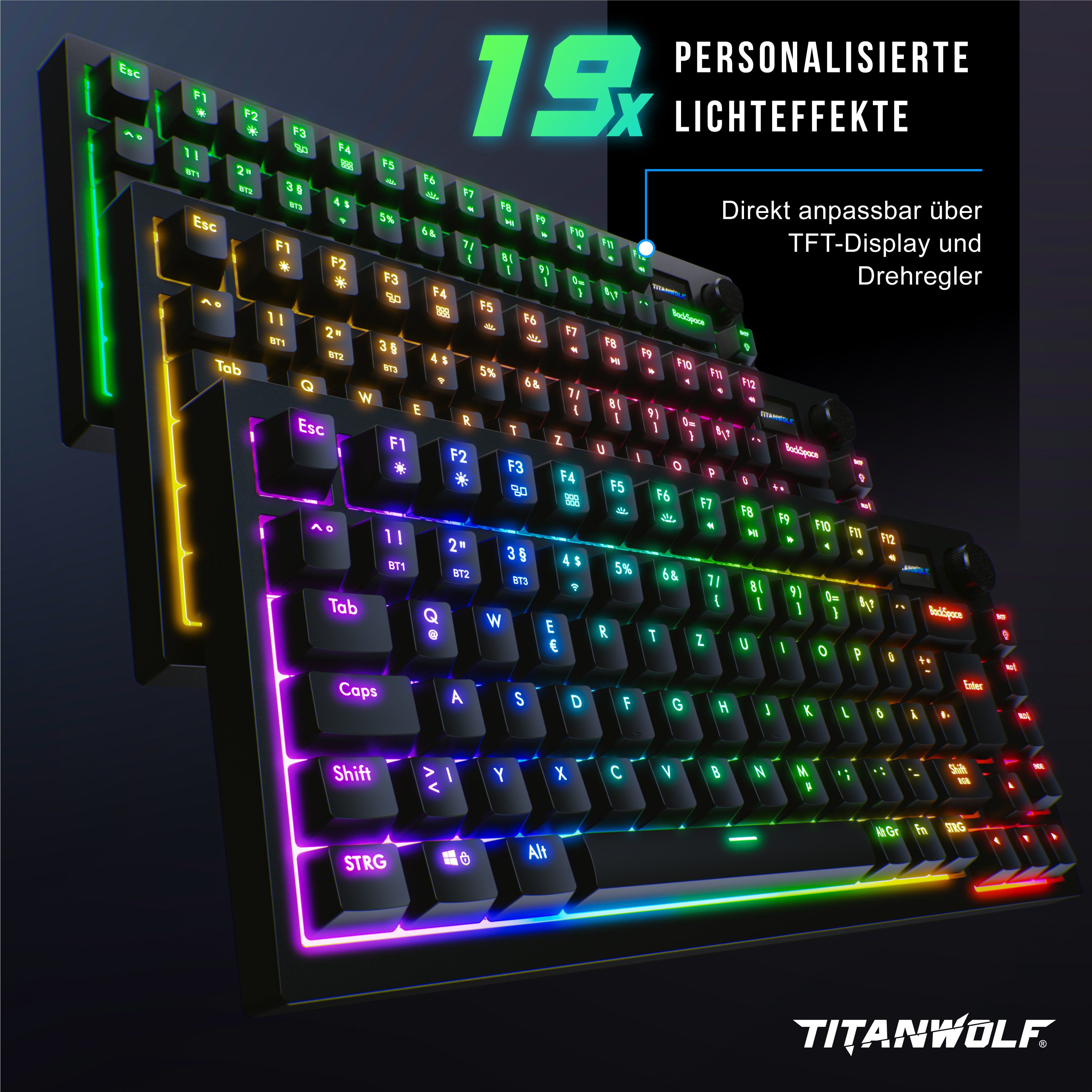 Titanwolf ALPHA Gaming Tastatur TKL, 82 Tasten mechanisch, TFT-Display, RGB Gaming-Tastatur (BT 2,4 GHz, Hot-Swap-Switches, Gasket Mount, 4000 mAh Akku, Drehreg – Bild 4 von 5