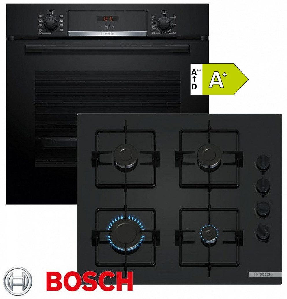 Bosch Gasherd-Set Einbau Autark Backofen Schwarz + GAS Glas Kochfeld