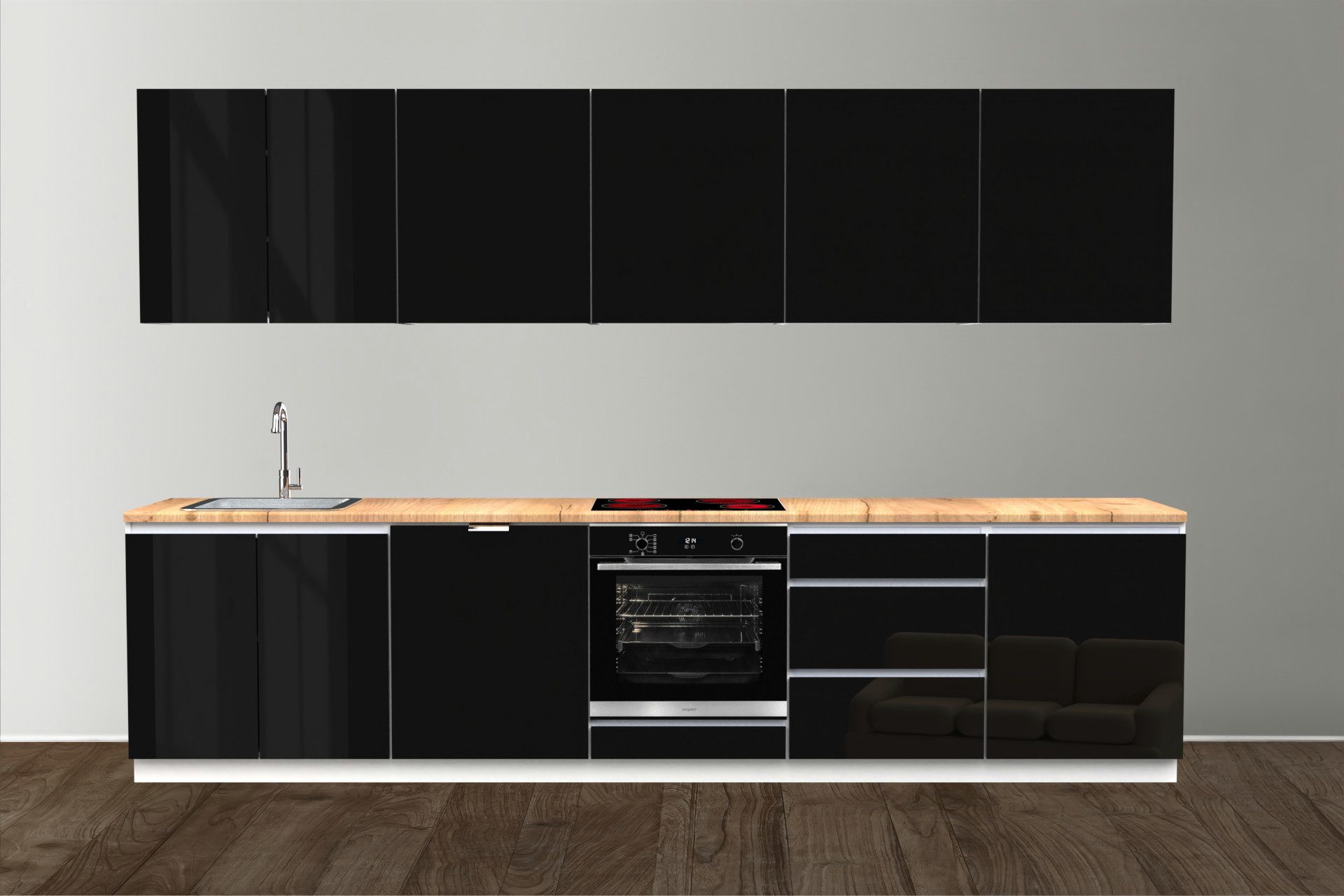 OMILI Küchenzeile OMEGA Grifflose (Breite 320cm), Fronten19 mm Acryl,SOFTCLOSE,Einfache Selbstmontage,SIND ERWEITERBAR!