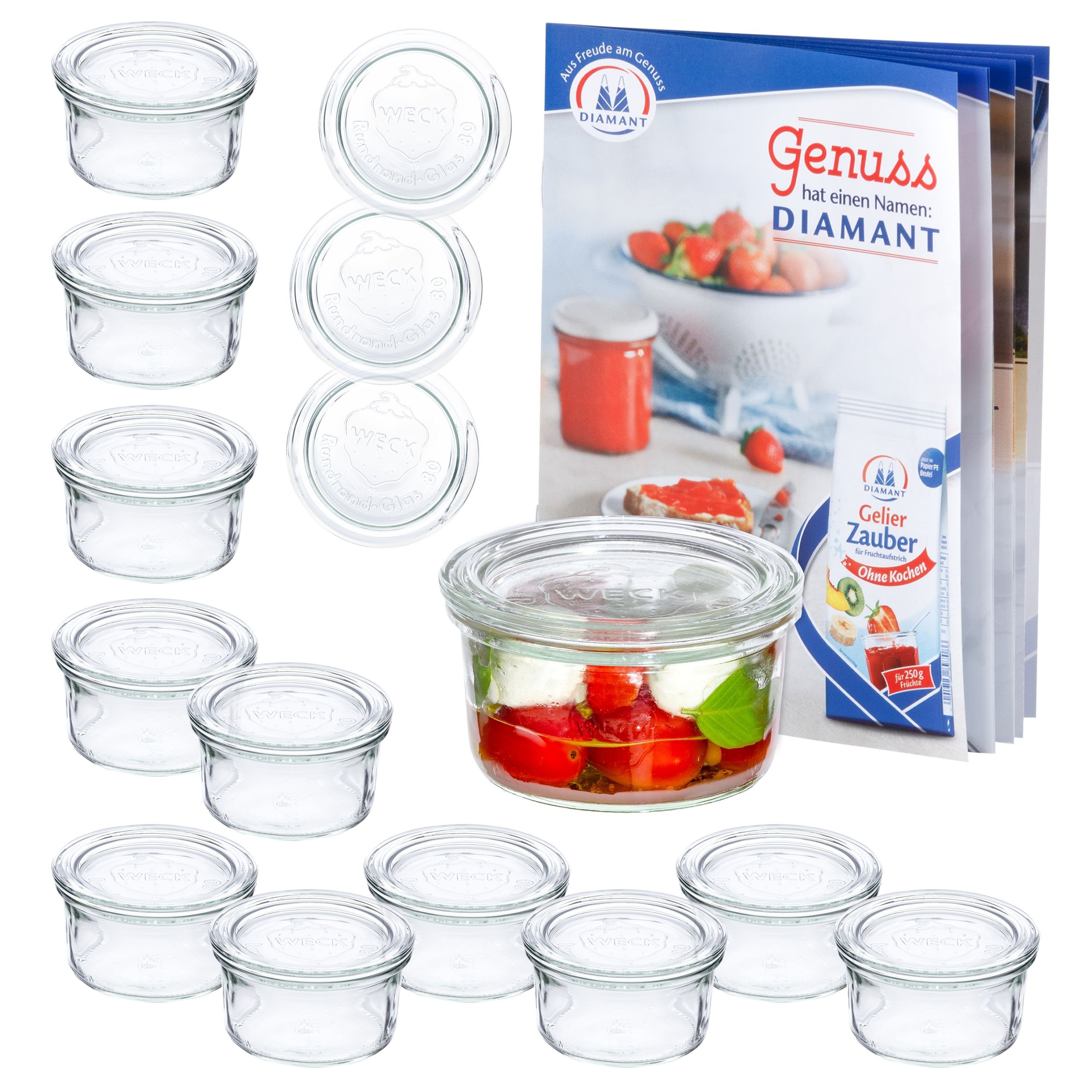 Weck Glas Einmachglas Glasdeckeln, 12 Set Gläser 12er MamboCat Sturzglas 165ml mit