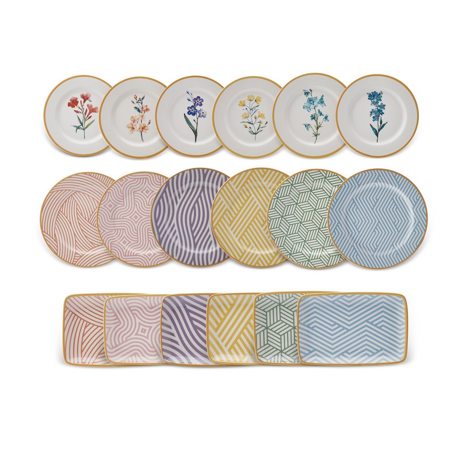 Karaca Geschirr-Set »Karaca Botanica 18-Teiliges Frühstücksservice, Tafelservice, Porzellan-Geschirr-Set, Einzigartiges Design, Praktisch, Servierteller, Kuchenteller, Bootsteller«, 6 Personen, Steingut