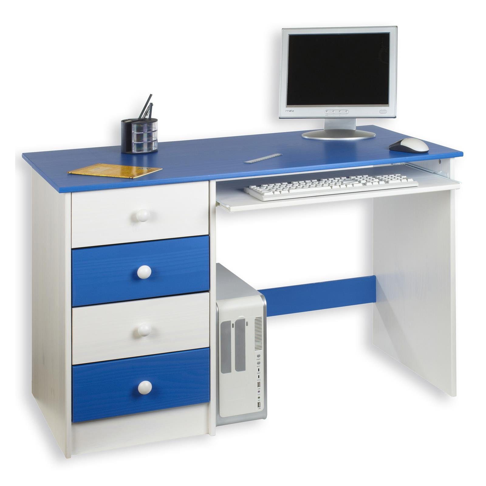 Kinderschreibtisch weiß/blau massiv Kiefer MALTE, Schülerschreibtisch IDIMEX Schreibtisch weis Kinderschreibtisch