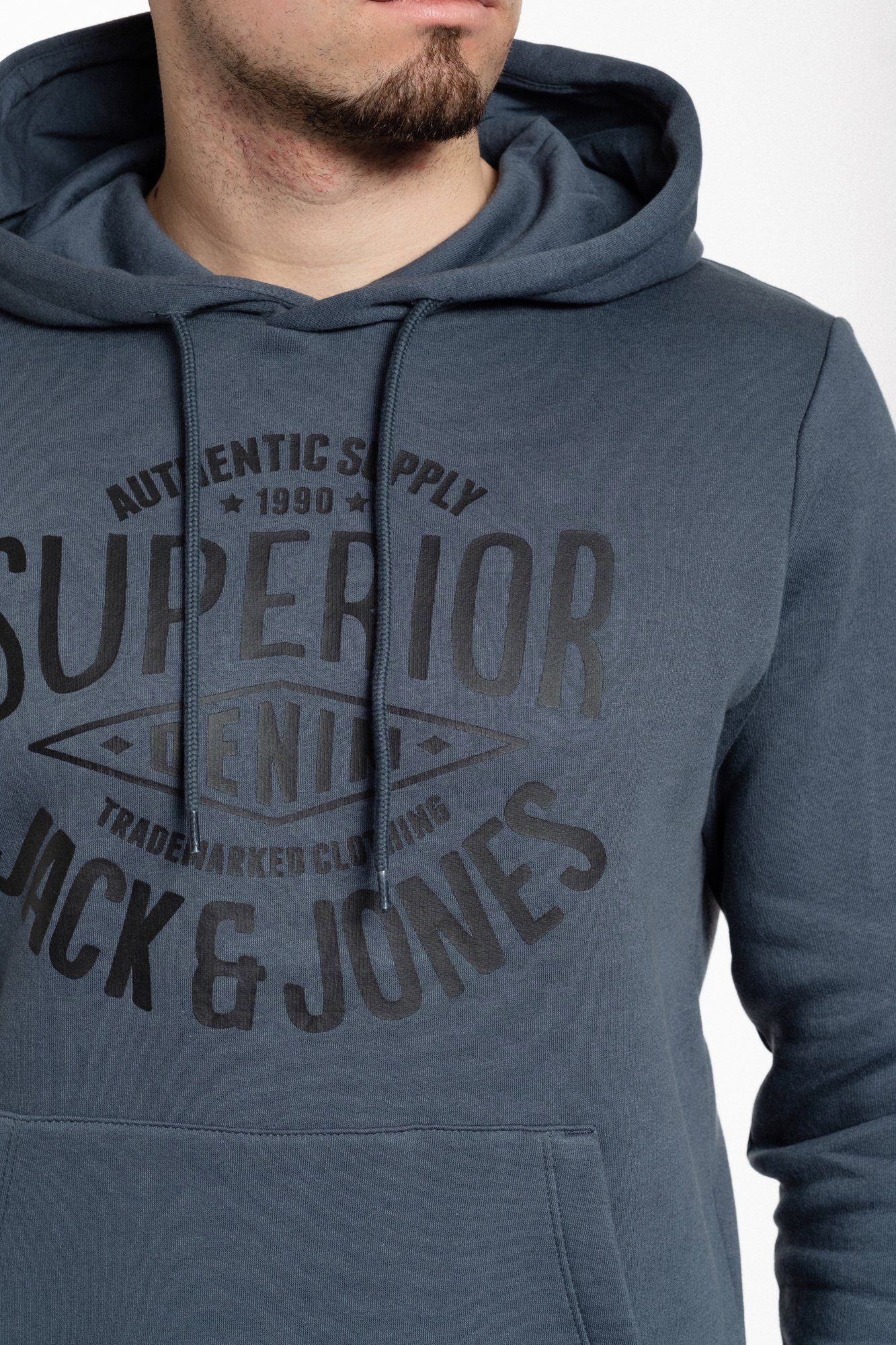 Jack & Jones Kapuzensweatshirt Kängurutasche, Kapuze Logodruck, mit unifarben, mit Darkslate-Black mit