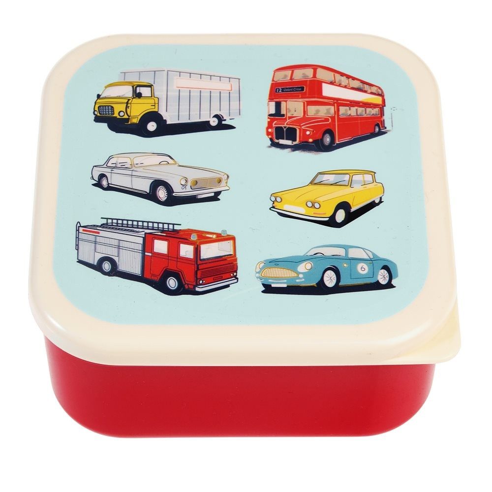 Rex London Lunchbox Snack Box 3er Set Road Trip Fahrzeuge Autos, Kunststoff, BPA-frei, (Set, 3-tlg., ca. 11,5 x 11,5 x 5,5 cm (große Box), jede Box mit eigenem Design, passt genau in den größeren Behälter