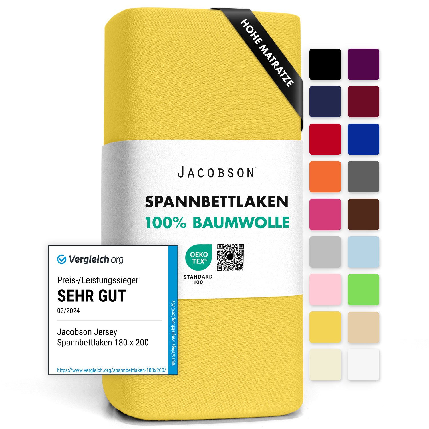 Jacobson Spannbettlaken BOXSPRING & ÜBERLÄNGE aus 100% Baumwolle, für hohe & lange Matratzen, Jersey Bettlaken 160 g/m²