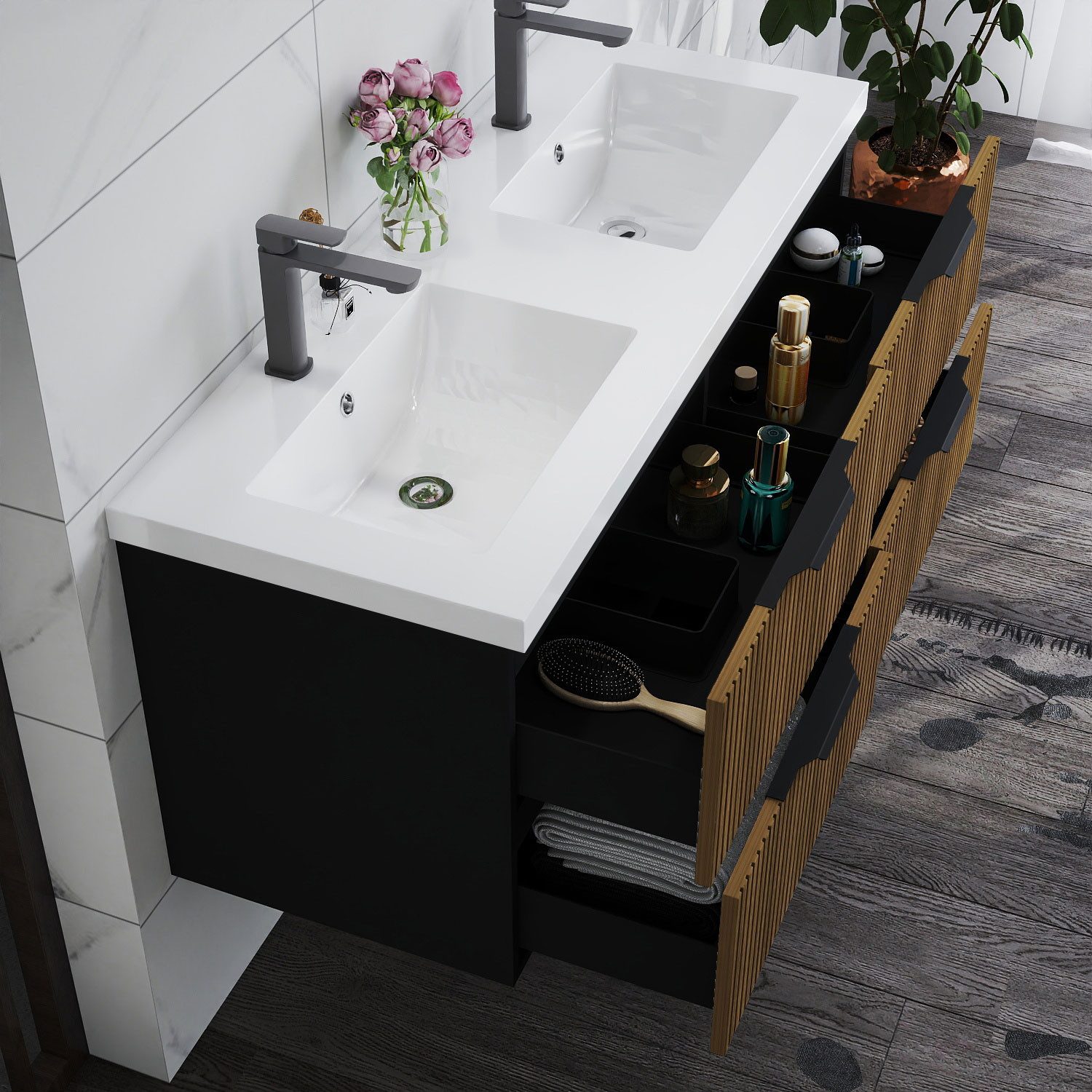 duschspa Waschtisch Waschbecken mit Unterschrank Badmöbel Set Hängeschrank, mit Griffe, 50/60/80/100/120 cm