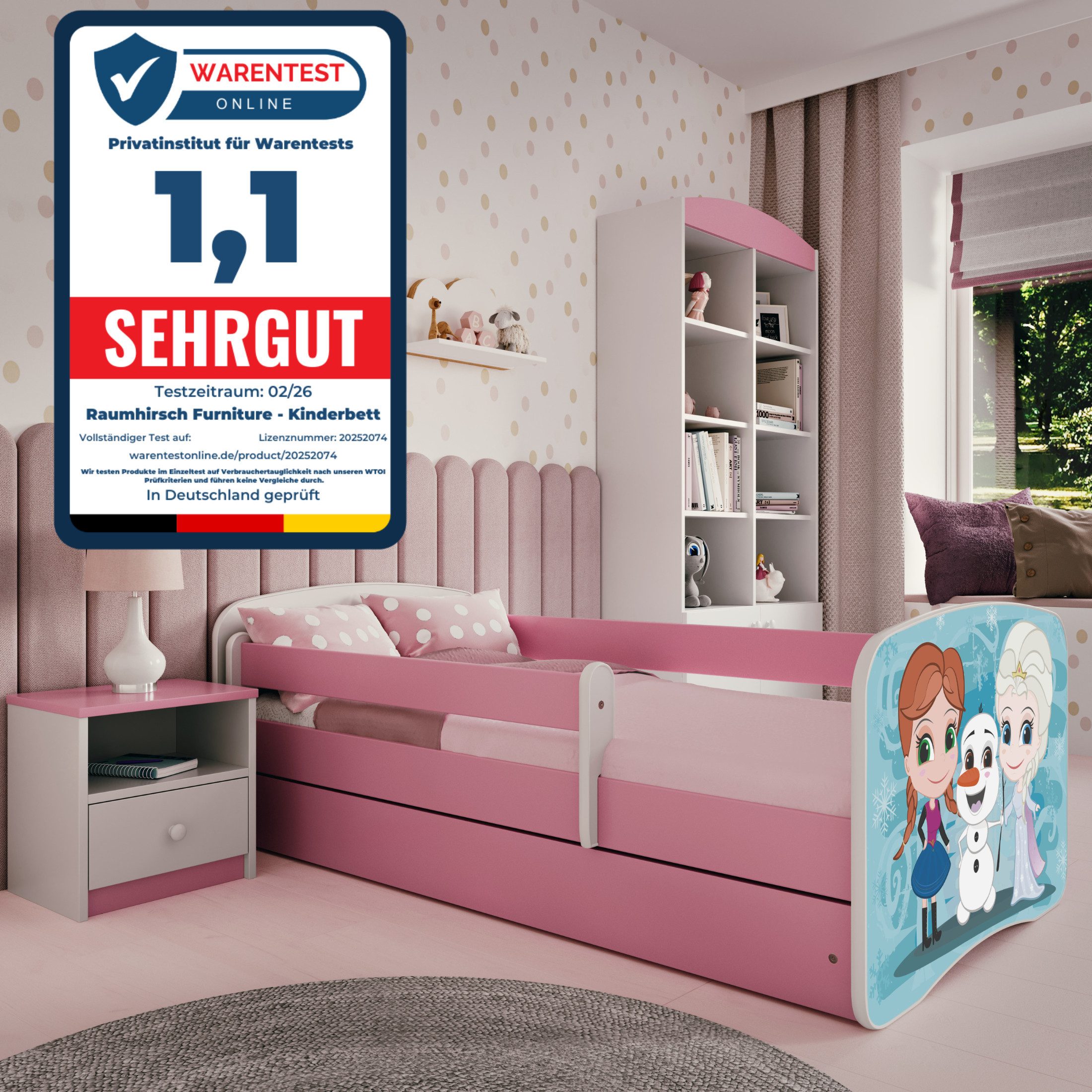 Raumhirsch Furniture Kinderbett 70x140, 80x160, 80x180 cm - Komplettset mit Matratze & Schublade (Bett für Mädchen, Einzelbett Kinder 2–12, mit Rausfallschutz & Lattenrost), verschiedene Farben & Designs