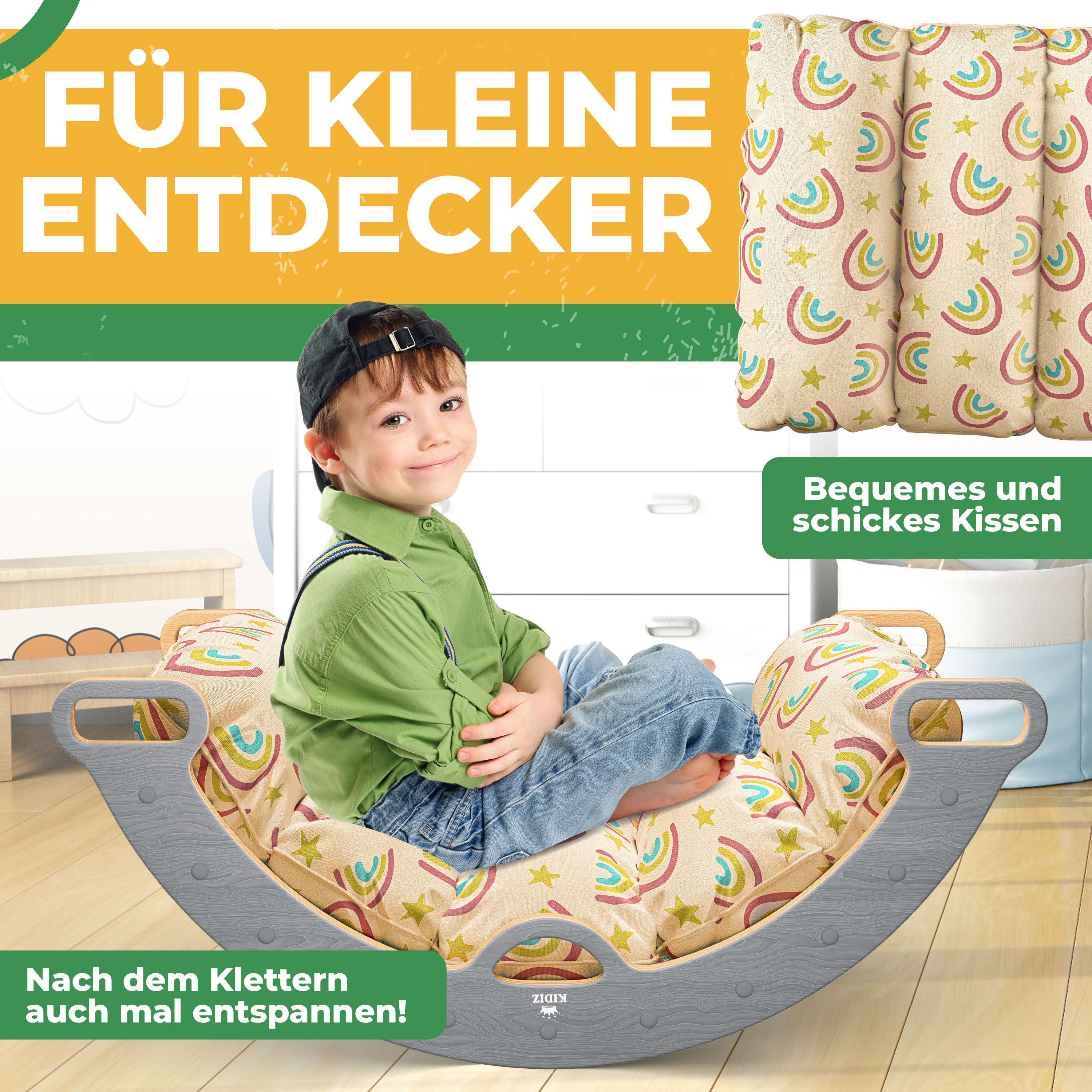 KIDIZ Klettergerüst mit Kletterbogen Montessori 7in1 Spiel-Set aus Holz, (inklusive Rutsche, Kletterdreieck, Kissen, Tafel & Lern-Uhr), Indoor Spielplatz für Kleinkinder ab 1 Jahr & Kinder bis 3 Jahre