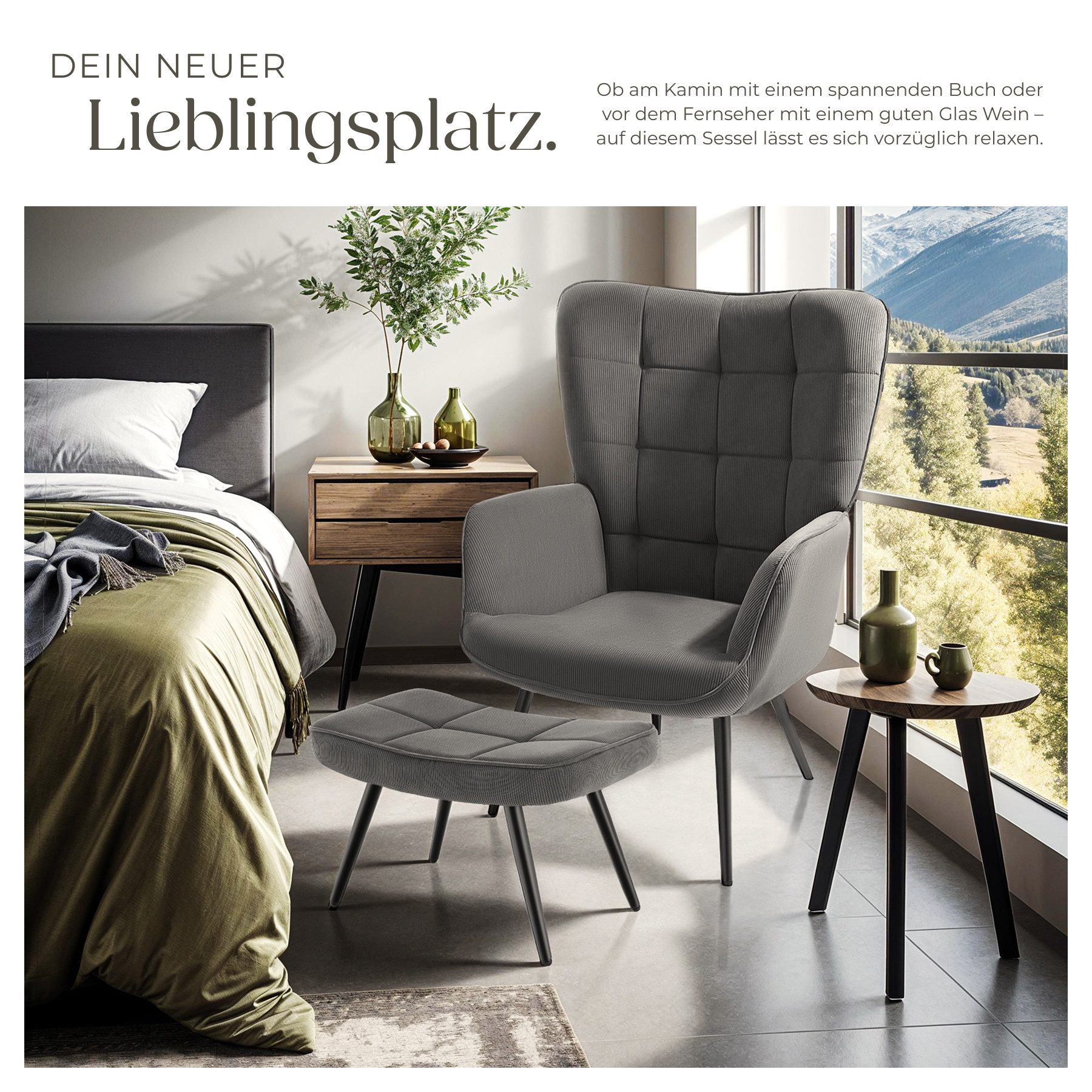 tectake Relaxsessel Polstersessel, bodenschonend, Belastbarkeit 150 kg, 72 x 76 x 100,5 (Fernsehsessel Hygge, in Feincord Anthrazit/Schwarz), gepolstert, Armlehnen und ergonomische Rückenlehne, runde Stahlbeine