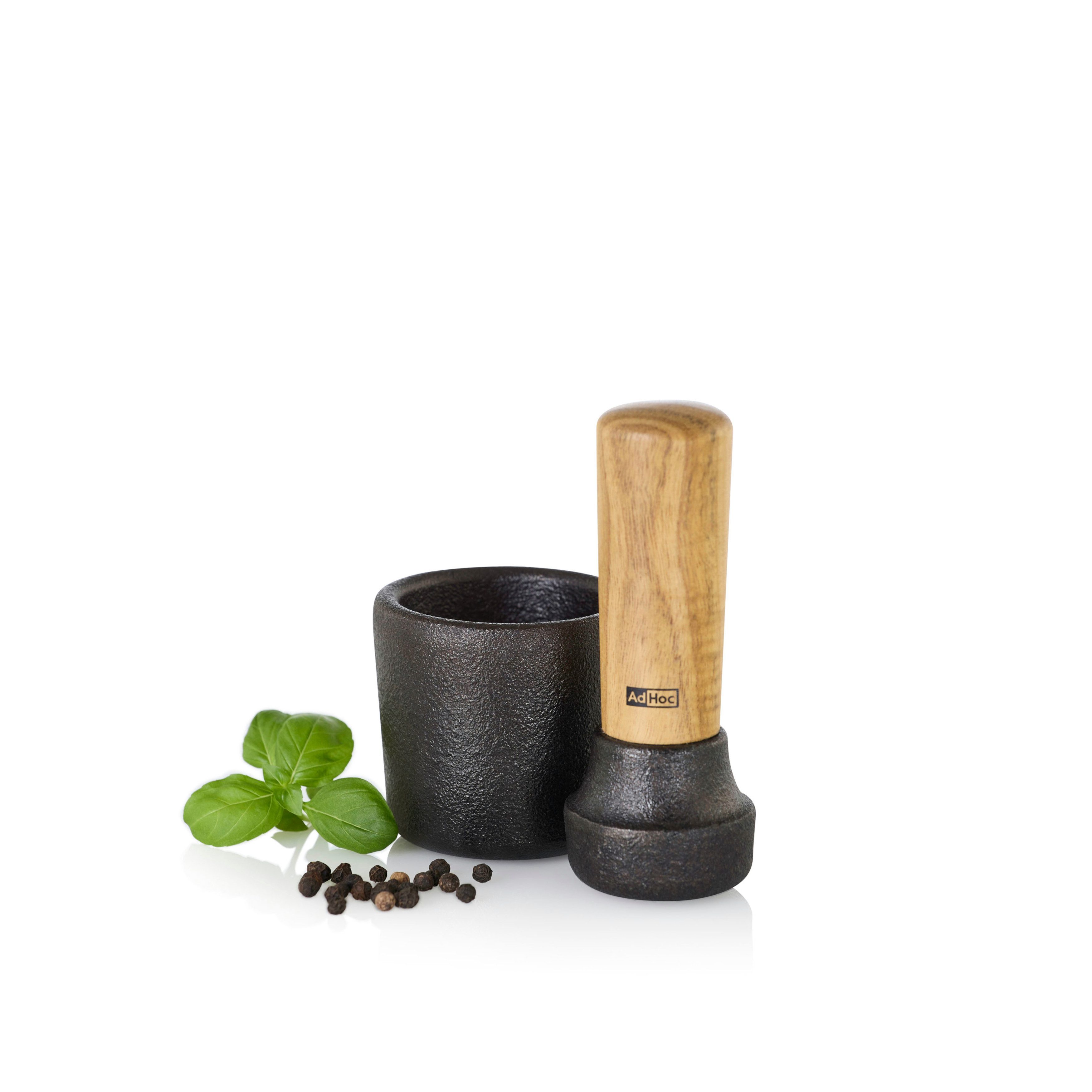 AdHoc Mörser aus Gusseisen und Holz CAMO, Reibmörser für Salz, Pfeffer und körnige Gewürze