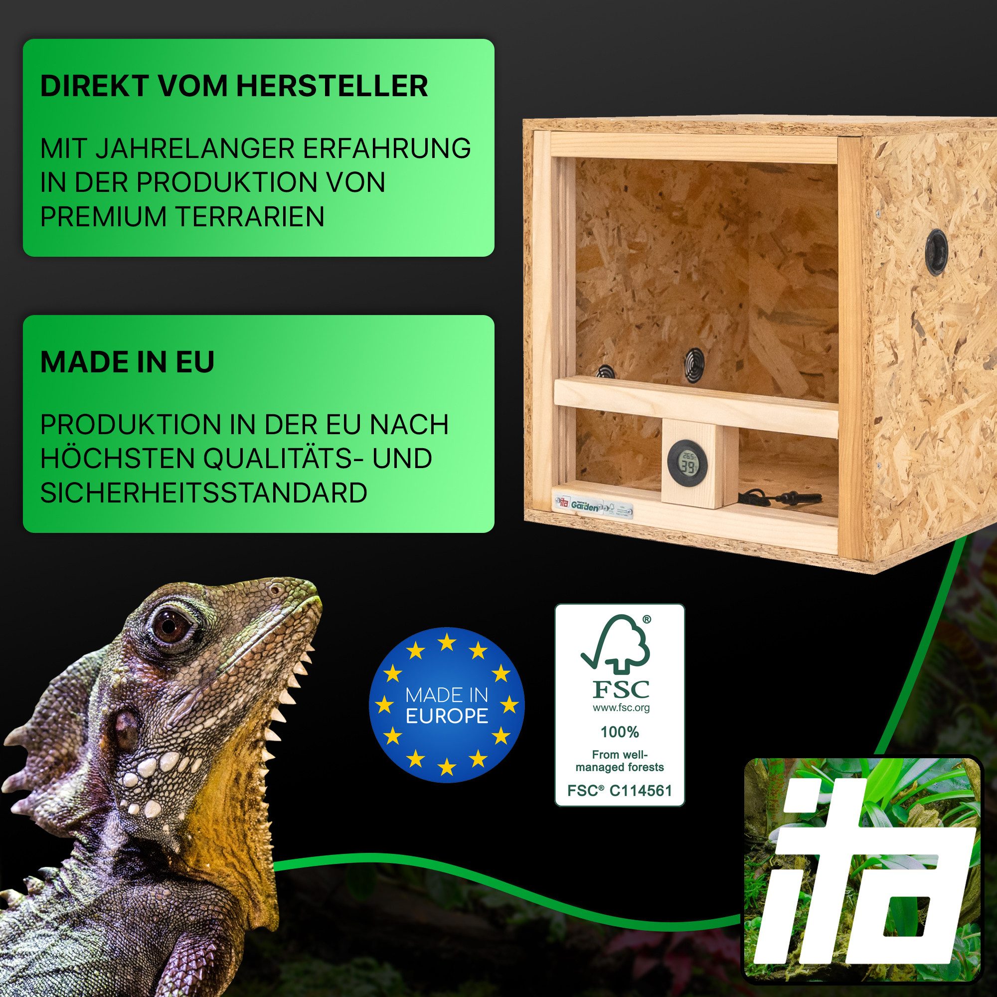 Thumbnail - ITA Terrarium Mini Terrarium 40x40x40 mit Seitenbelüftung & Integriertem Hygrometer, Holzterrarium aus OSB - Terrarien f...