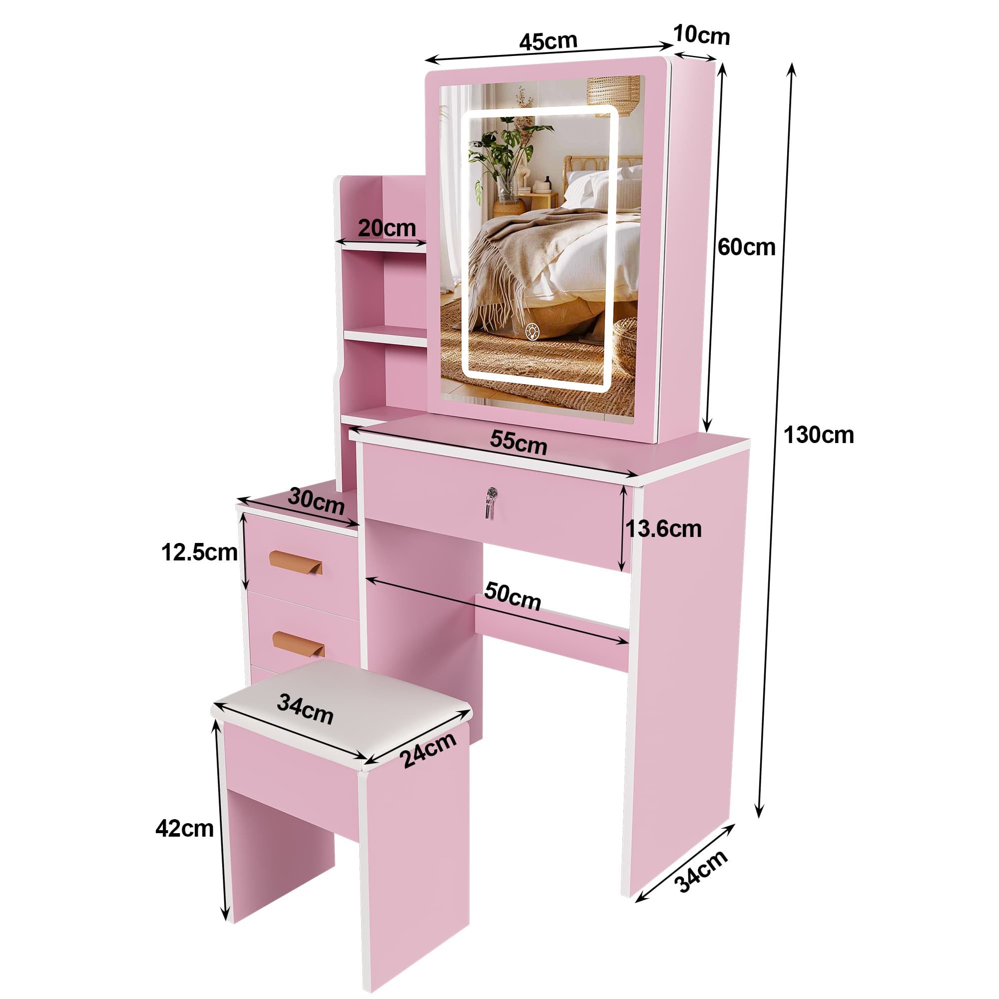 ANYSUN Schminktisch mit LED-Beleuchtung,Großem Spiegel,4 Schubladen und 4 offene Fächer (Set, 1 Tisch), mit 3 Lichtfarben,Gepolsterter Hocker,Spiegelschiebetür,85×36×130cm