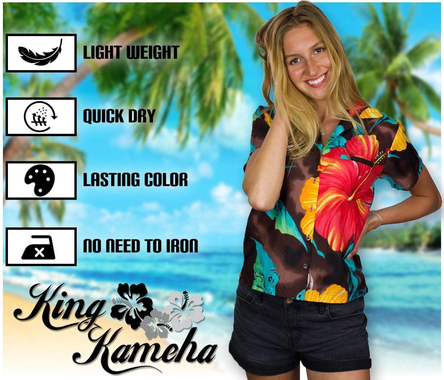 King Kameha Hawaiihemd Big Flower Funky Hawaiibluse Damen Kurzarm Front-Tasche Stylish – Bild 5 von 5