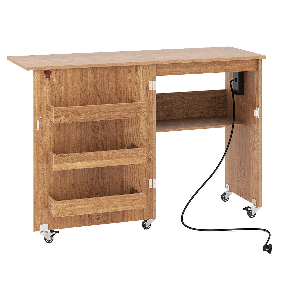 COSTWAY Schreibtisch, 2 in 1 Nähtisch klappbar mit Ladestation, Rollen