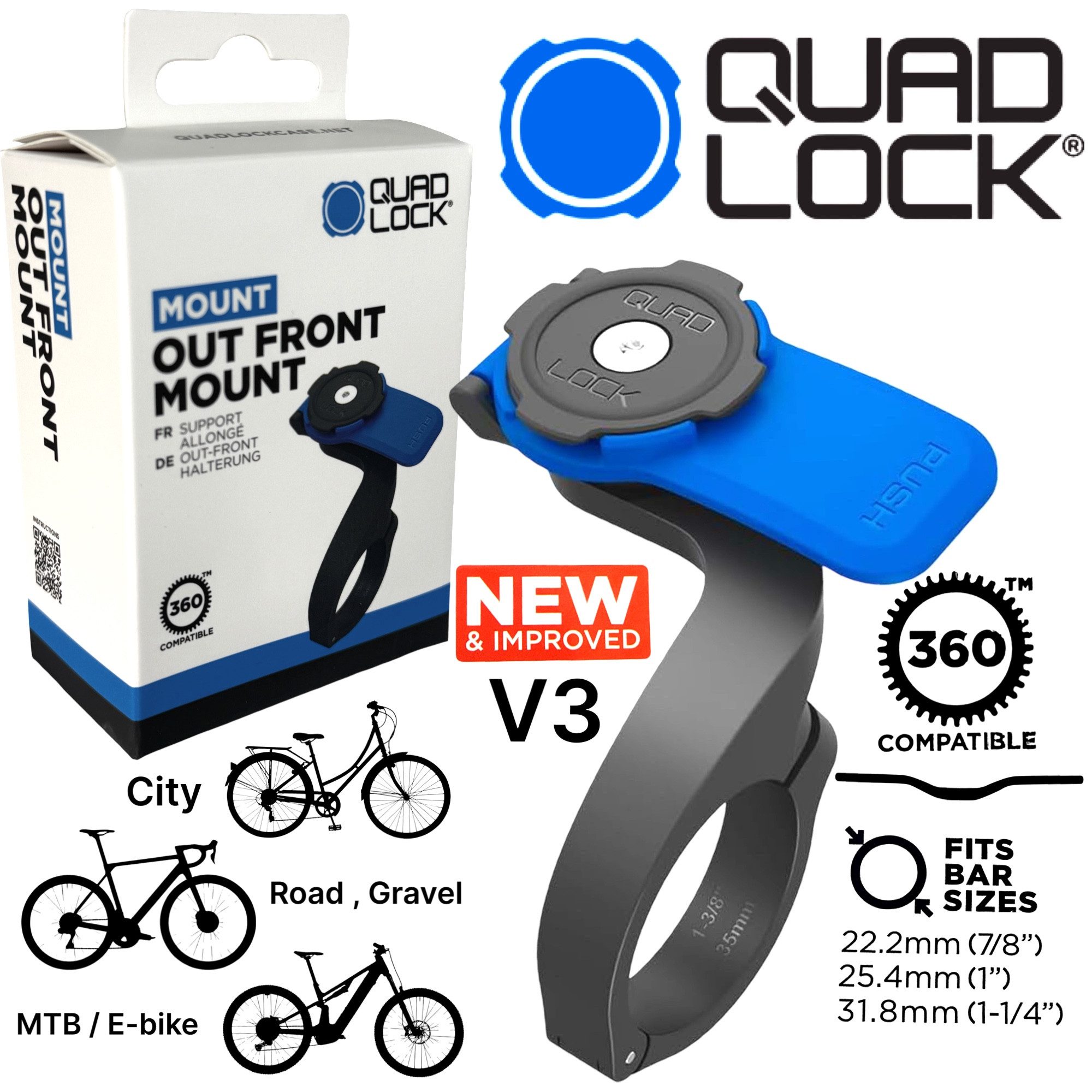 Quad Lock Handy-Halterung QUAD LOCK Out Front Mount V3 Fahrrad Lenker Handy Halter