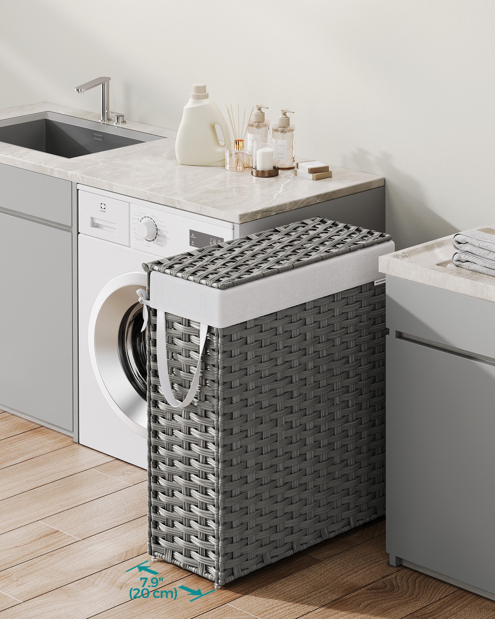 SONGMICS Wäschekorb, schmal, 55 L, mit Deckel und Griffen, faltbar, herausn günstig online kaufen