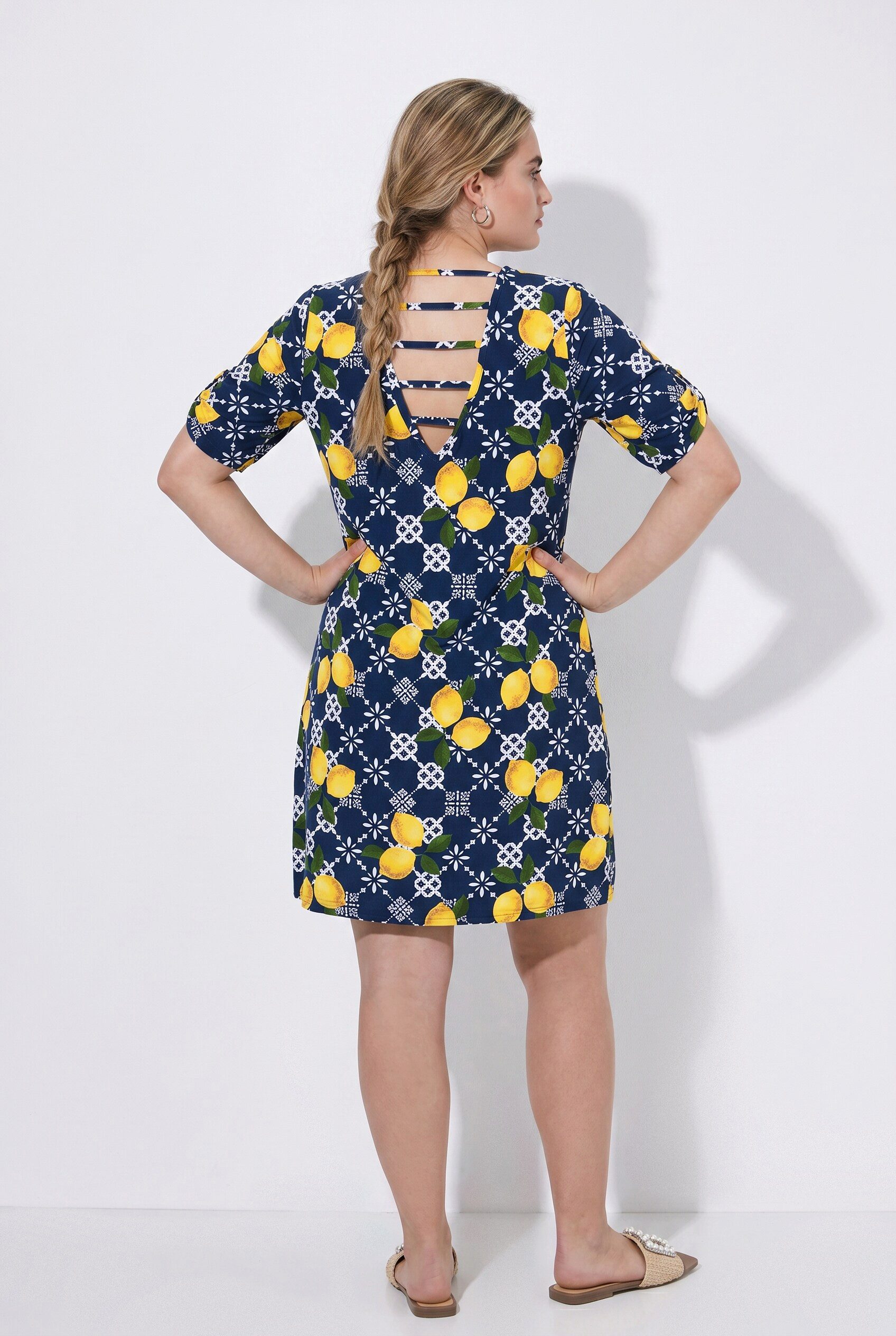 Ulla Popken Midikleid Strandkleid Zitronen A-Linie V-Ausschnitt Halbarm