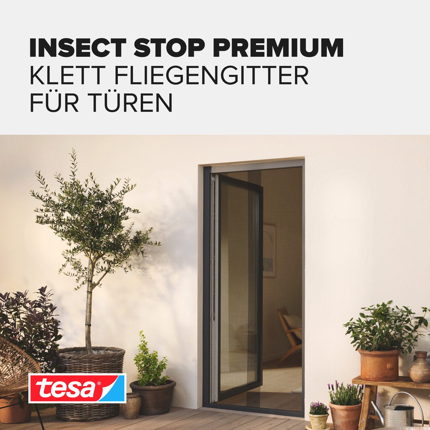 tesa Insektenschutz-Fensterrahmen Klett Fliegengitter Premium für Türen - ohne Bohren, (Spar-Set, 1-St., INSECT STOP - (2 x 65cm)120cm x 220cm - Anthrazit (Durchsichtig), Insektenschutz mit Klettband, rückstandsfrei entfernbar, zuschneidbar