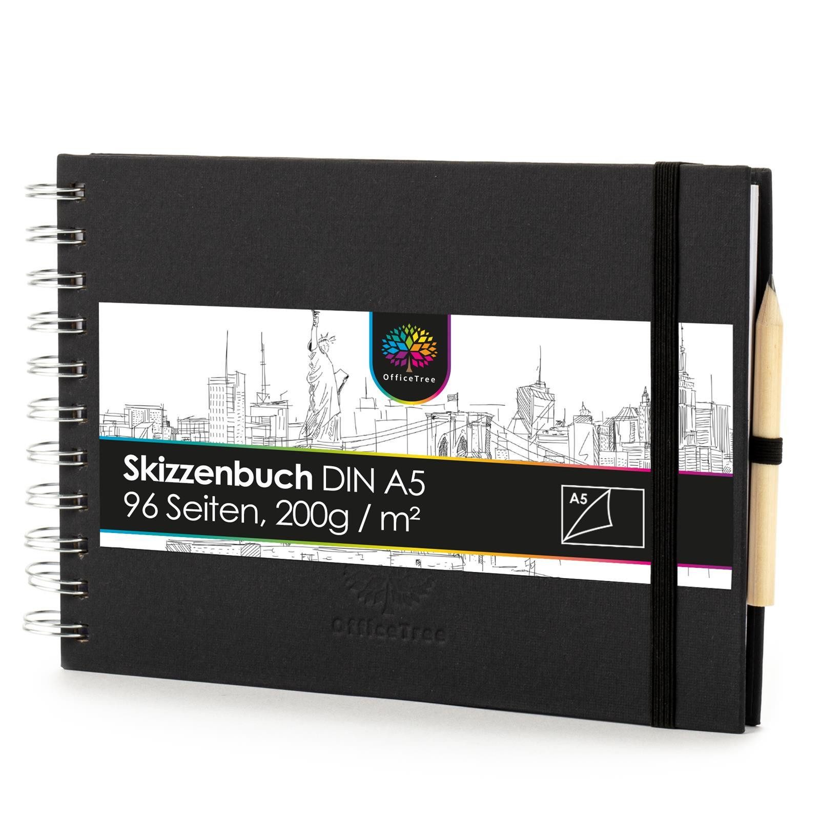 OfficeTree Malkreide OfficeTree Skizzenbuch A5 quer mit Verschluss, Stift und Stiftehalter