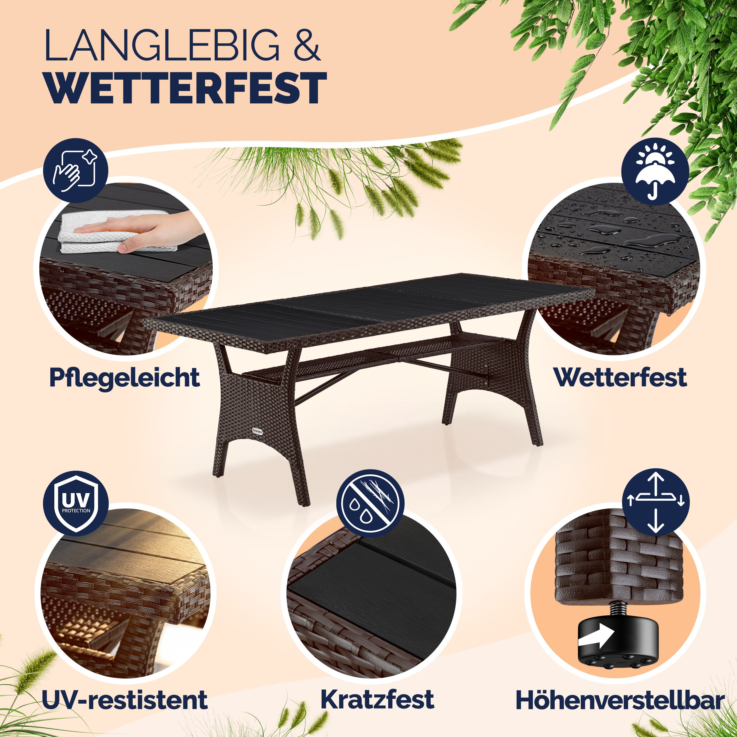Casaria Gartentisch (1-St), Wetterfest 190x90x75cm WPC Tischplatte Polyrattan inkl. Ablage