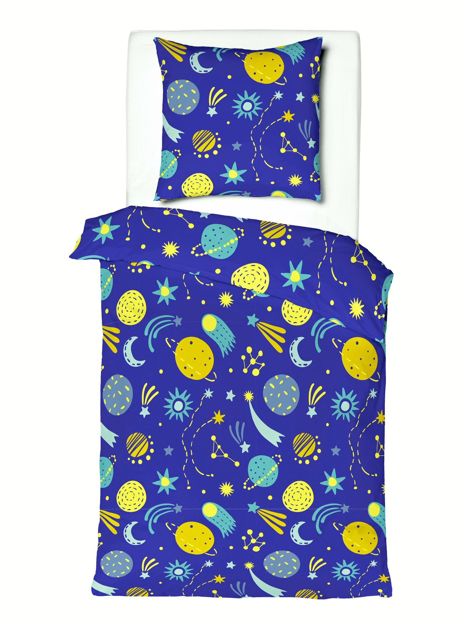 JACK Kinderbettwäsche 135x200cm Astronaut Weltall Galaxie Planeten Blau Gelb, Renforcé, 2 teilig, Baumwolle, Kinderzimmer, Sternschnuppe, Reißverschluss