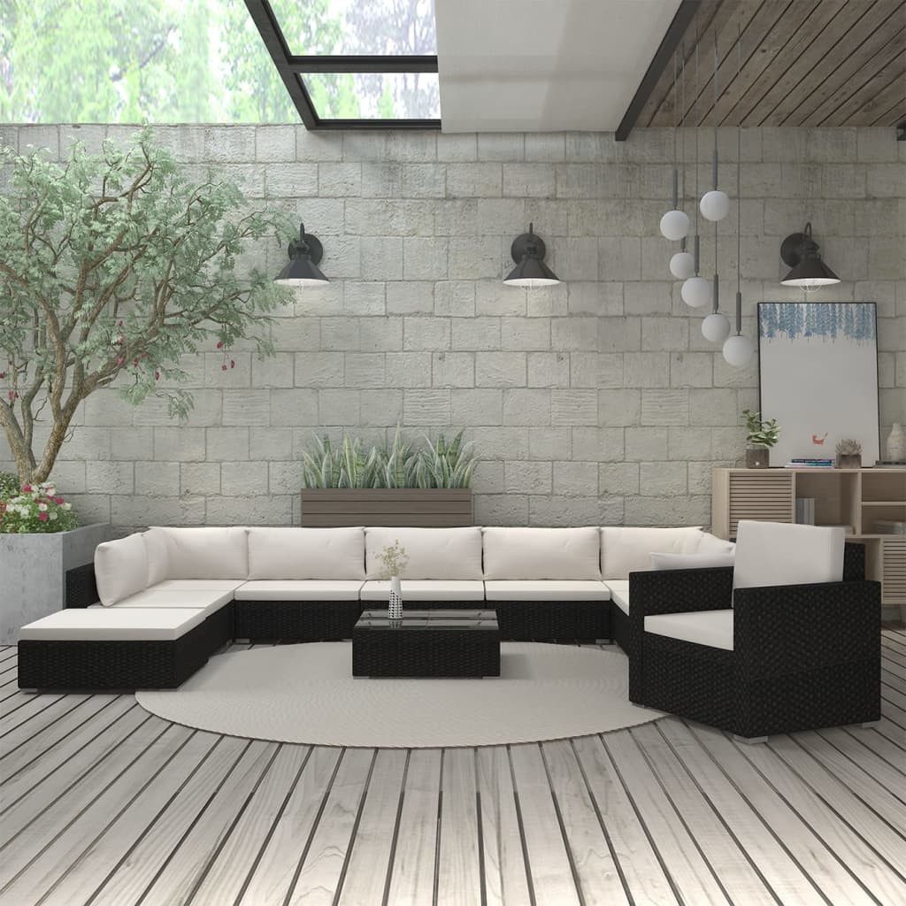vidaXL Gartenlounge-Set, 11-tlg. Garten-Lounge-Set mit Auflagen Poly Rattan Schwarz