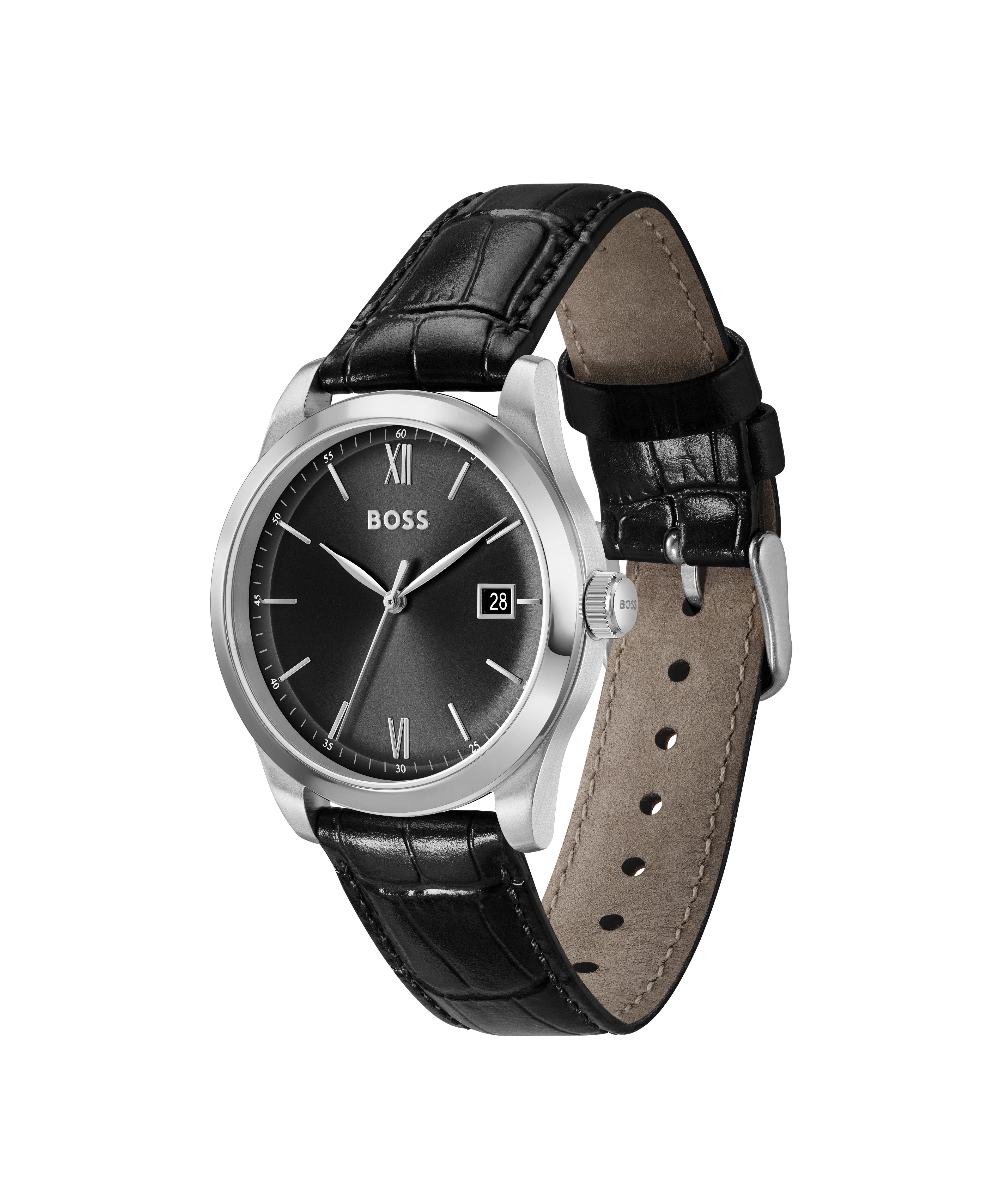 BOSS Quarzuhr LANGFORD 1514356, Armbanduhr, Damenuhr, Herrenuhr, Lederarmband, analog, Tag