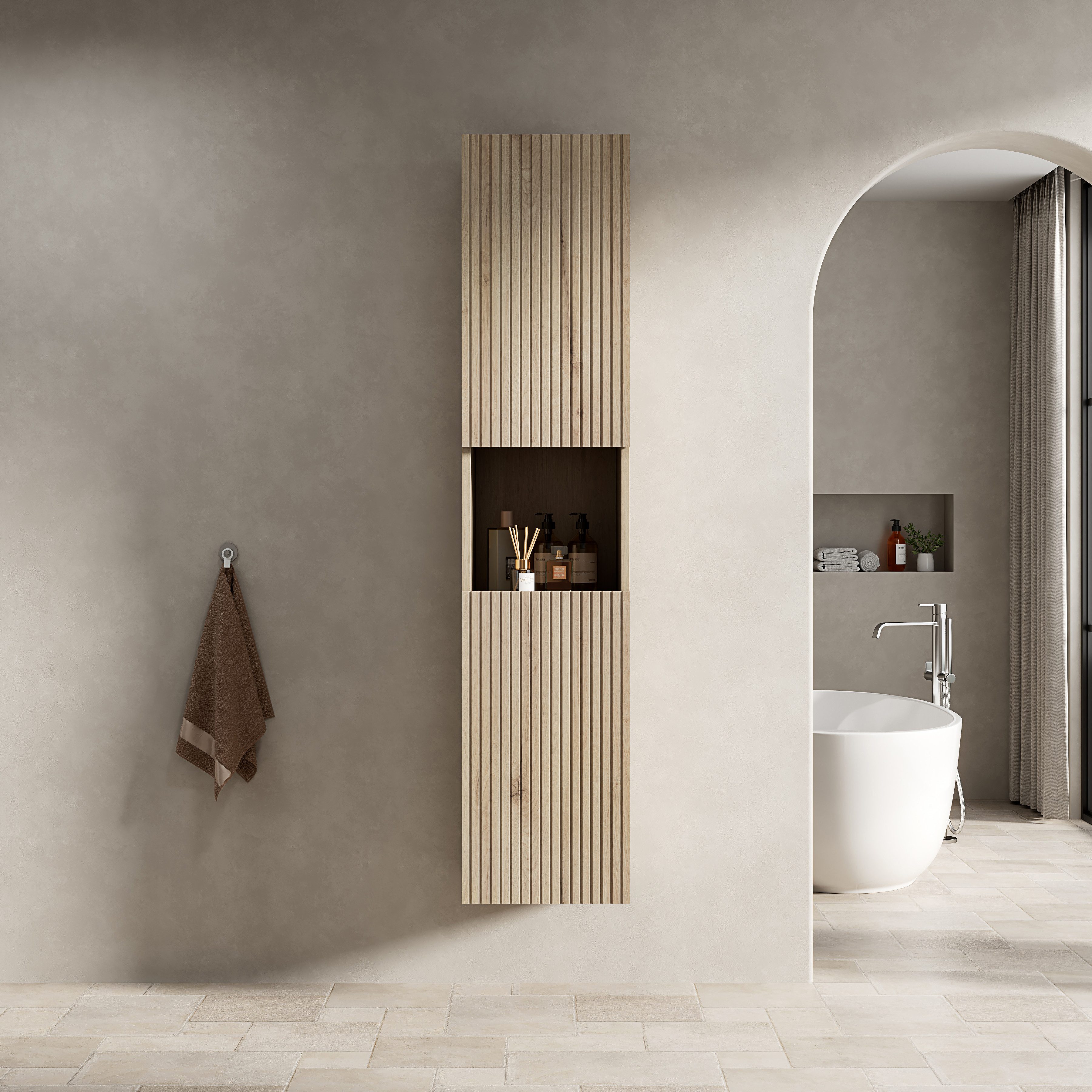 Odikalo Seitenschrank Badschrank Hochschrank Badezimmer (DAWIN 160cm hoher Badezimmer-Wandschrank, schmaler Aufbewahrungsschrank mit 2 Türen und 1 offenem Staufach, geeignet für kleine Räume, anwendbar auf Bad, Wohnzimmer und Wäscherei, Corolla / Weiße Eiche Holzmaserung)