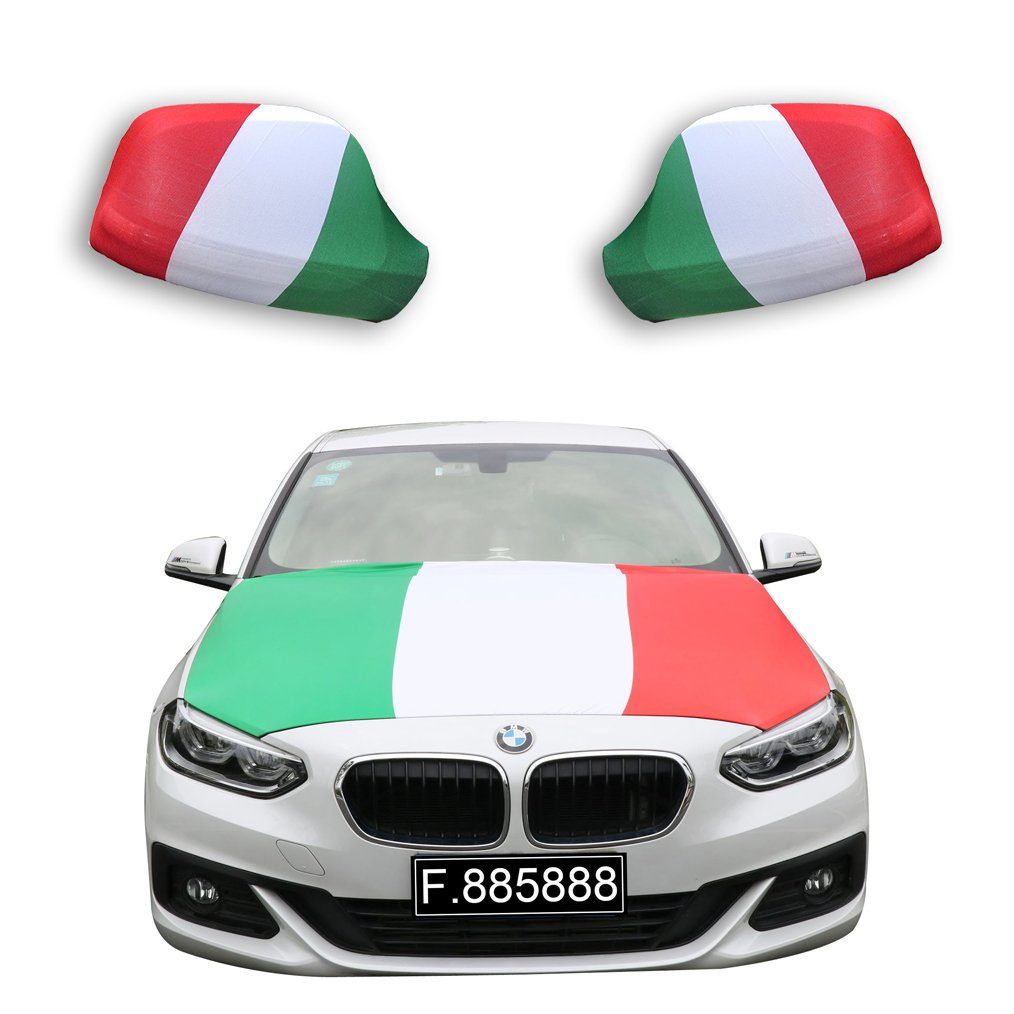 Sonia Originelli Fahne Fanset Auto EM "Italien" Italy Fußball Motorhaube Außenspiegel Flagge, für alle gängigen PKW Modelle, Motorhauben Flagge: ca. 115 x 150cm