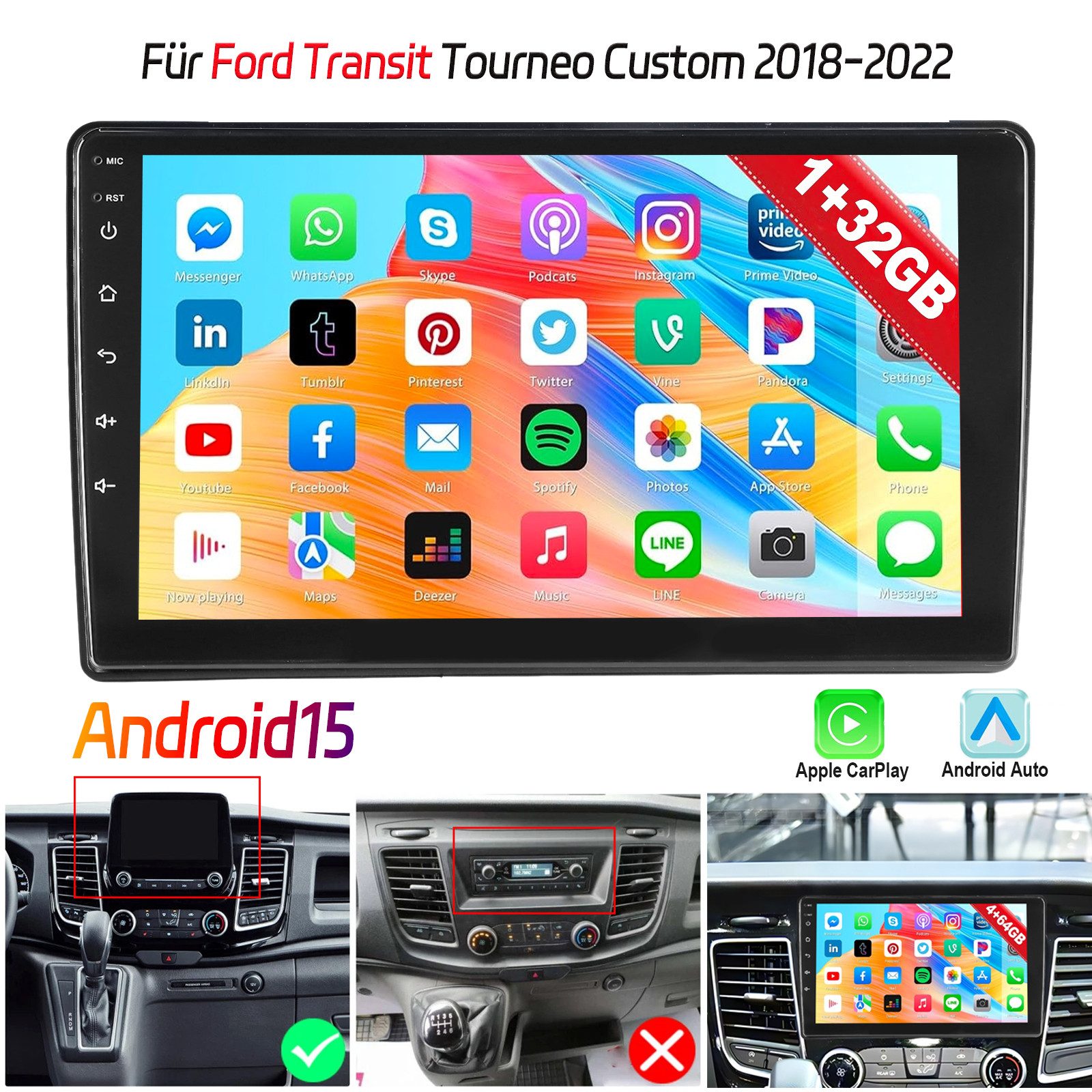 ESSGOO CarPlay Android 15 Autoradio 2 DIN Ford Transit Tourneo Custom 2018-22 Autoradio (DAB+ (optional), 4+64GB(optional), RDS, AM, FM)