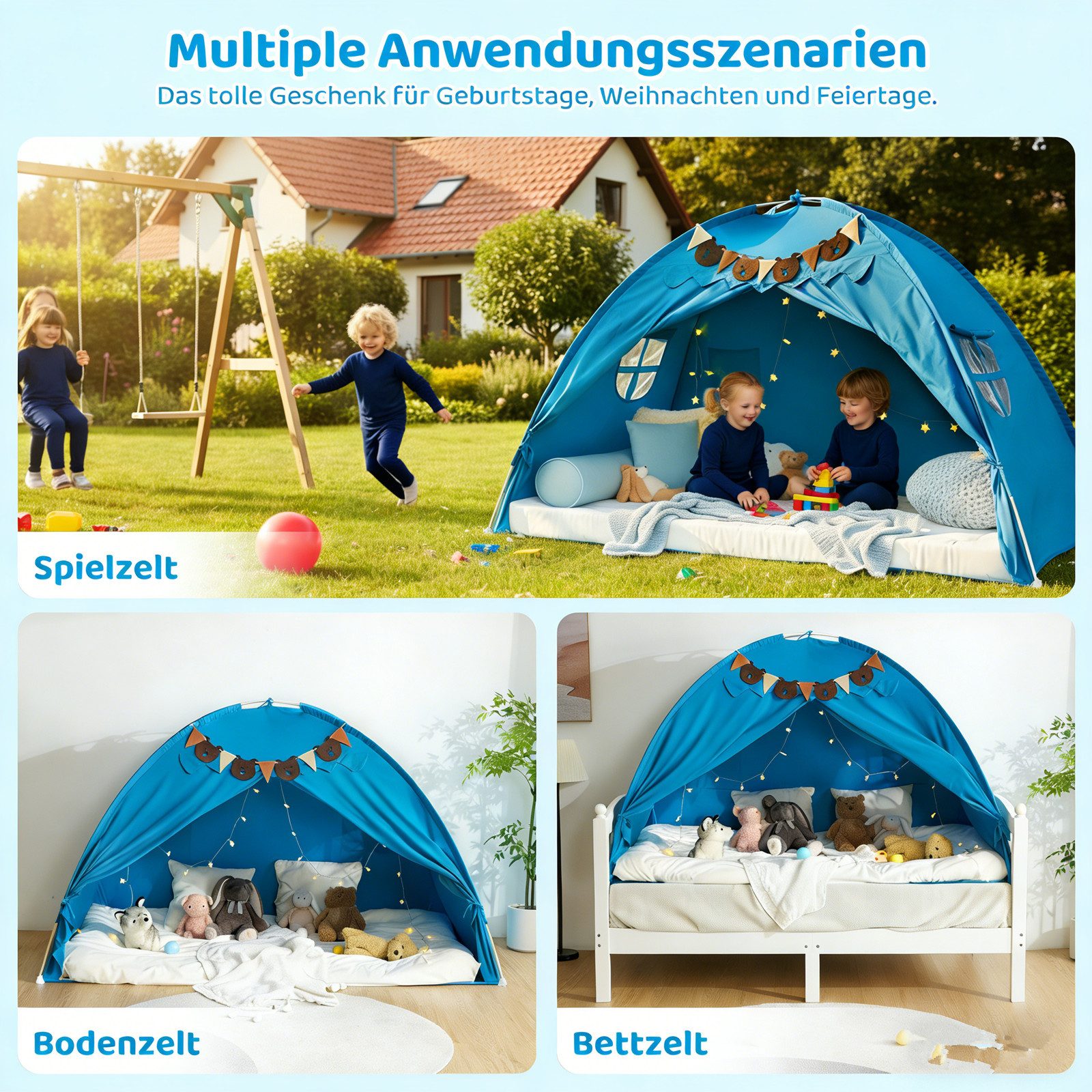 Insma Spielzelt 2 IN 1 Kinder Spielhaus Bettzelt Prinzessin Zelt (Schlosszelt mit Sternen-Lichterkette und Bären-Wimpelkette) 196×124×99cm
