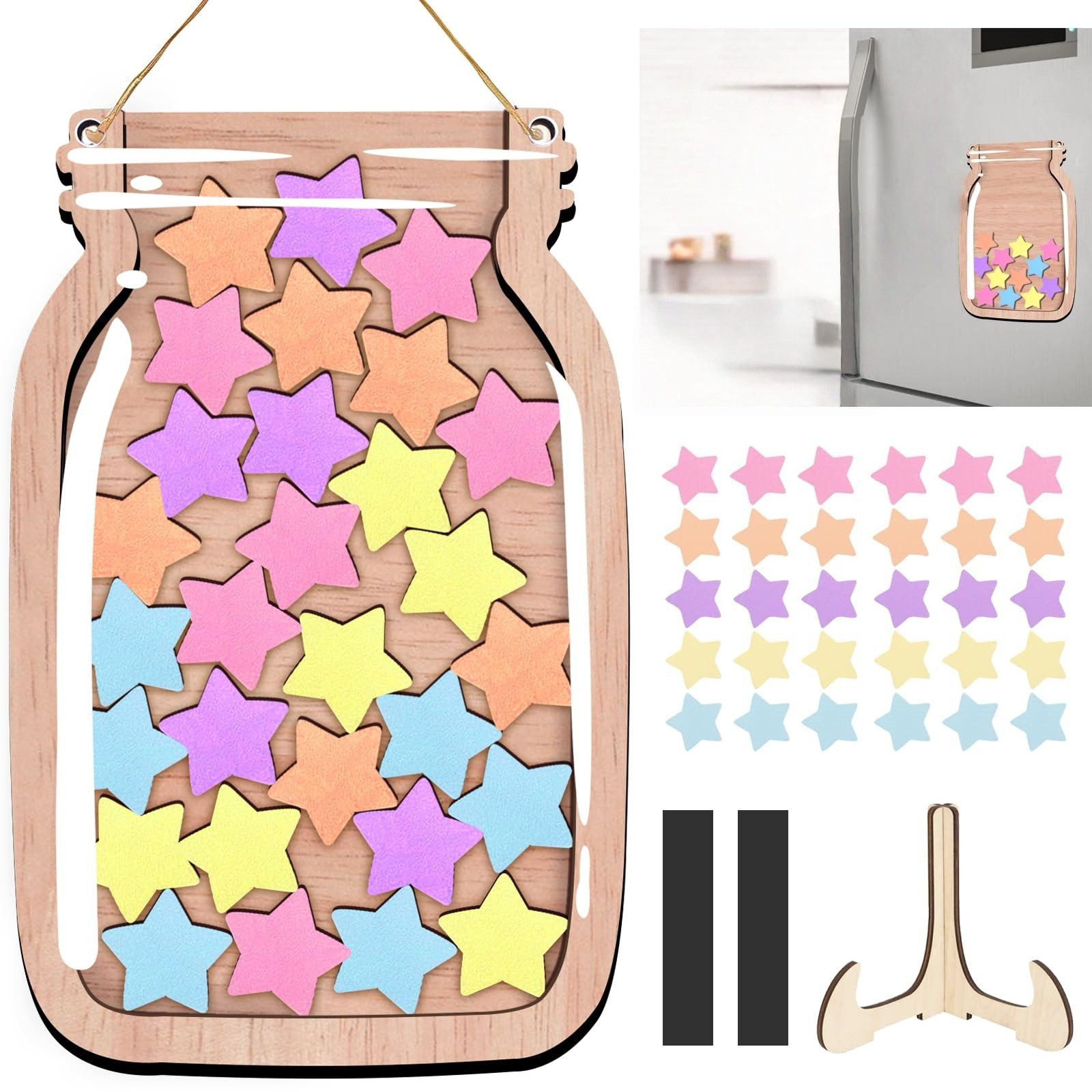 FOUORTUNATE-BEE Magnettafel Belohnungsglas Magnetisch Kinder Belohnungssystem, (Grundschule Lehrerbedarf Belohnungsglas mit Holzhalter und 30 Sterne, Belohnungsglas Klassenzimmer für Gutes)