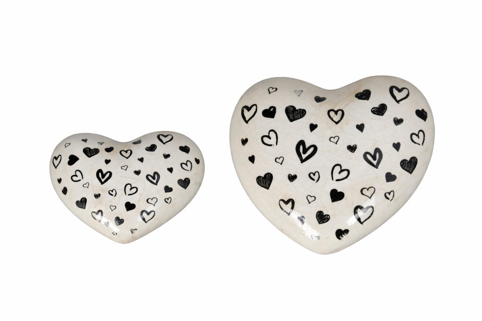 finehomegarden Dekoobjekt Deko Herz liegend Weiß-Schwarz aus Steinzeug 2er Set 8,5xH4,5 cm (Set, 2 St., 2tlg), 11,5xH4,5 cm Modernes Herz Ornament im Vintage Look