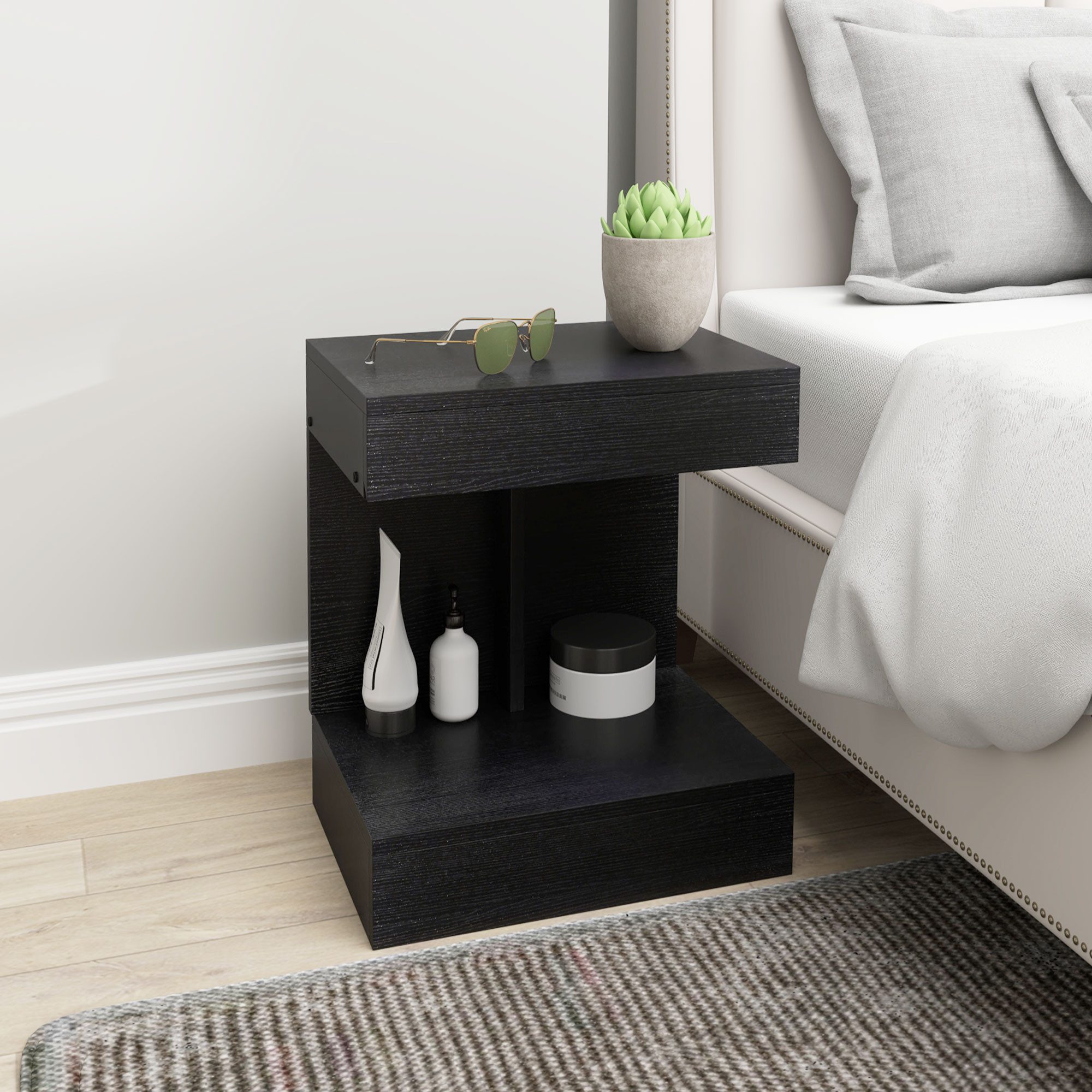 HOMCOM Nachttisch Nachtkommode mit Schubladen, Nachtschrank mit Ablage (Beistelltisch, 1-St., Nachtschrank), für Schlafzimmer, Wohnzimmer, 40 x 30 x 46 cm, Schwarz
