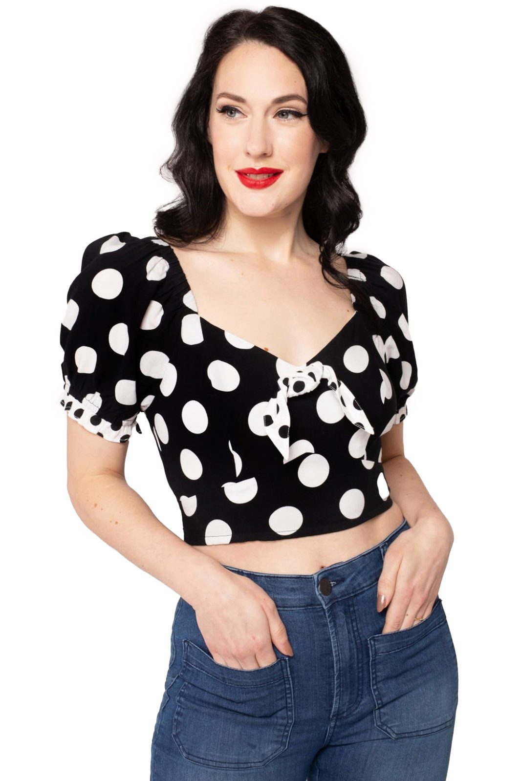 Hell Bunny Crop-Top Dolores Polka Dot Vintage Retro Rockabilly Rüschen günstig online kaufen