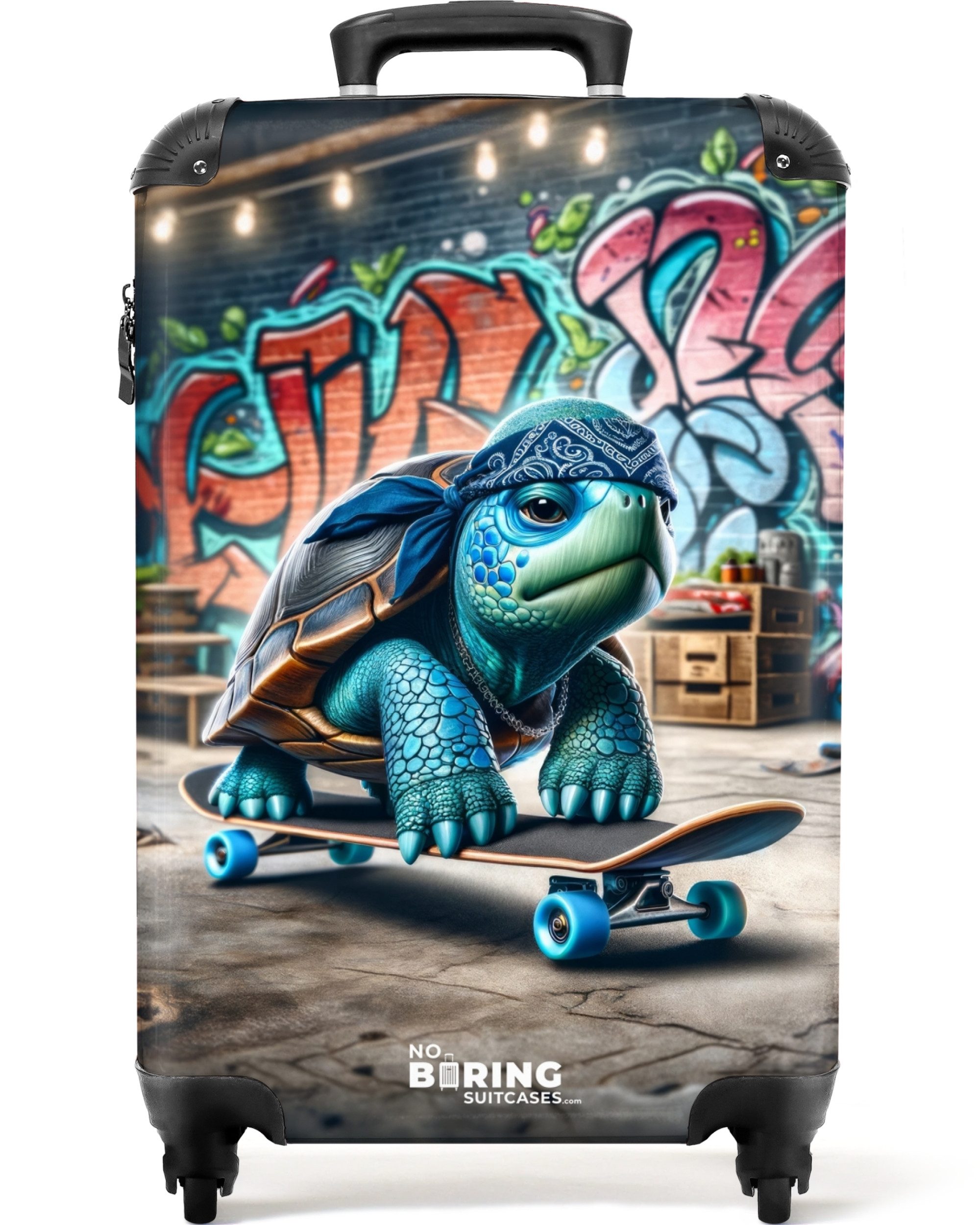 NoBoringSuitcases.com© Hartschalen-Trolley Grün-blaue Schildkröte auf Skateboard 55x35x20cm, Handgepäck Koffer, Hartschalenkoffer Kinder, Reisekoffer Jungen