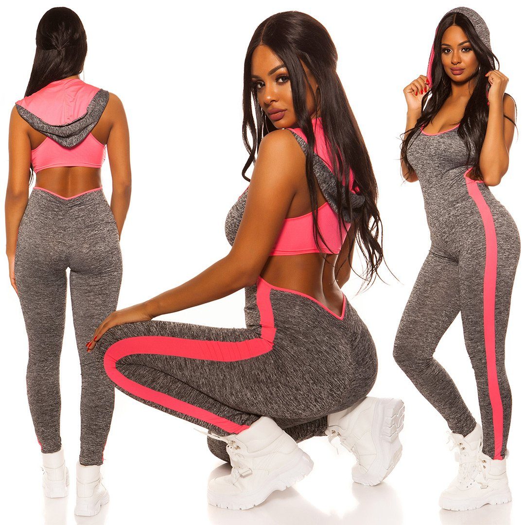 Koucla Overall sportlicher Jumpsuit mit Kapuze, Workout Fitness Sport Freizeit neonpink