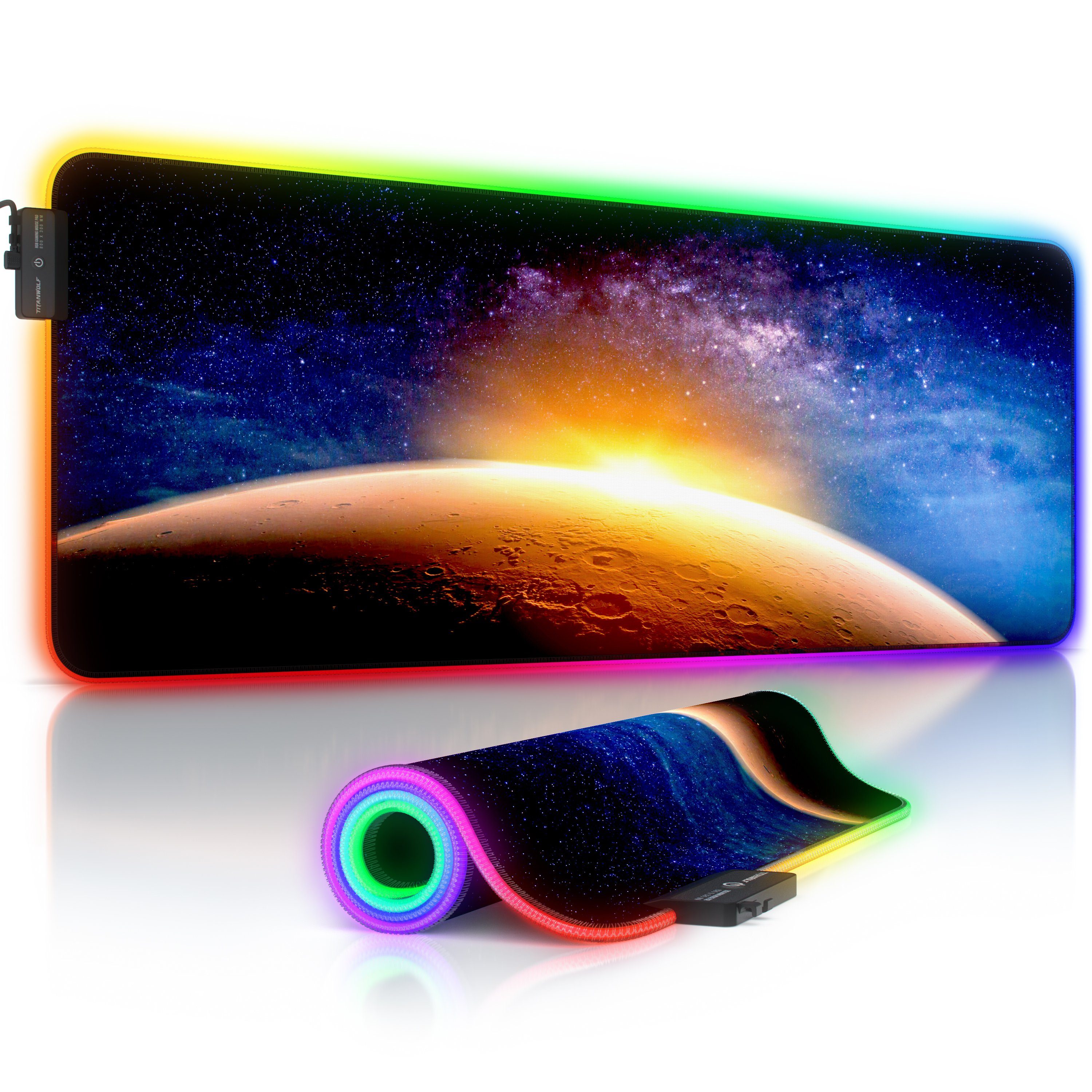 Titanwolf Gaming Mauspad RGB Mousepad 800 x 300 x 3 mm, Multi Color LED XL Tischunterlage (1-St), rutschfest, abwaschbar, Geschwindigkeit & Präzision, Stars & Mars
