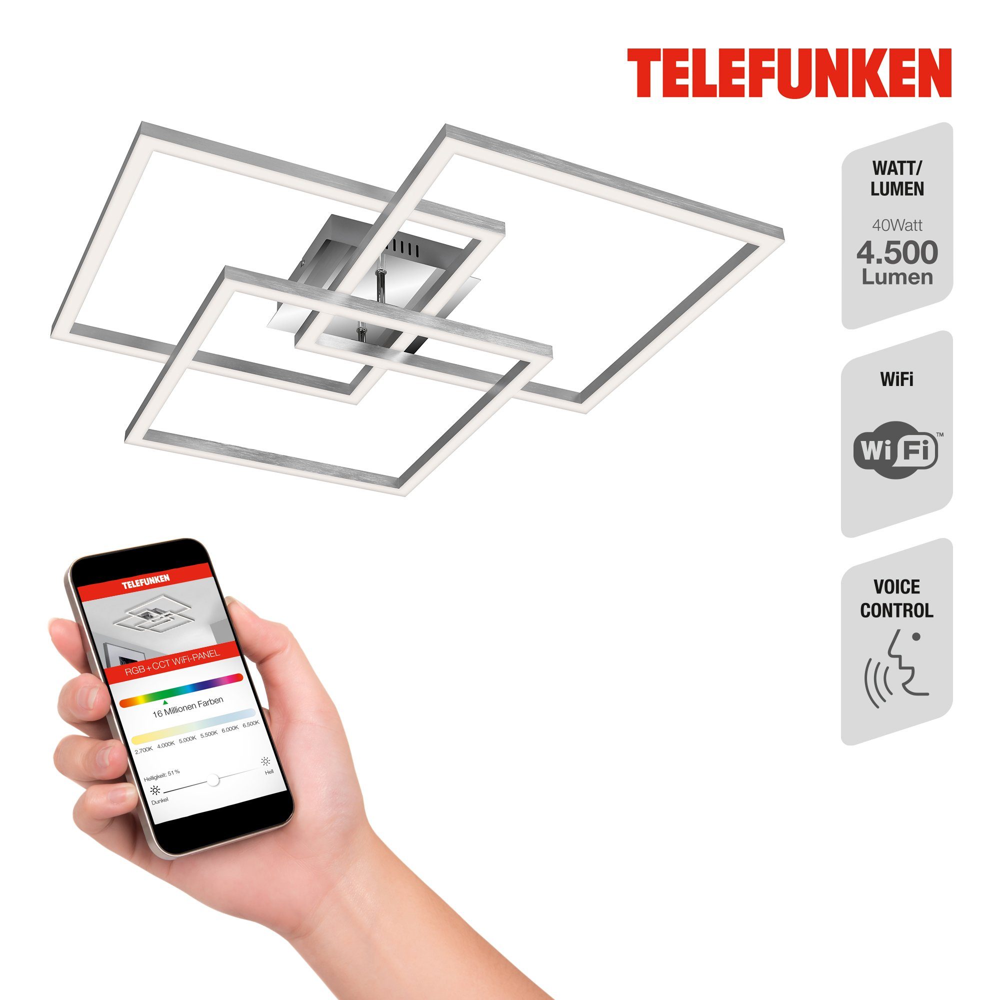 Beleuchtung Lampe Smart IOS RGB + LED 316608TF, Deckenleuchte verbaut, Android LED Telefunken Warmweiß, Tageslichtweiß, Kaltweiß, Farbwechsler, CCT Wifi Neutralweiß, Farbwechsel fest