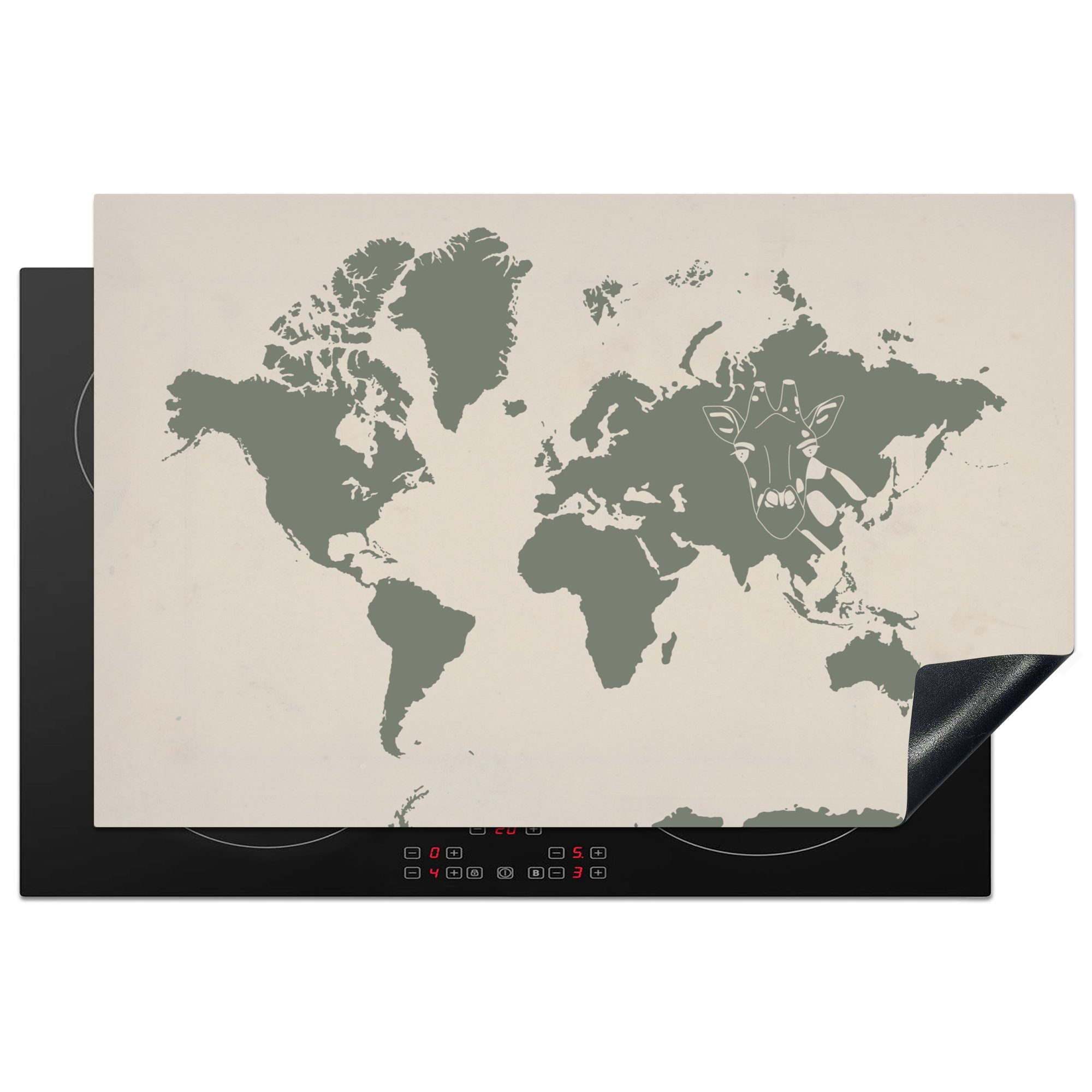 MuchoWow Herdblende-/Abdeckplatte Weltkarte - Tiere - Giraffe, Vinyl, (1 tlg), 81x52 cm, Induktionskochfeld Schutz für die küche, Ceranfeldabdeckung