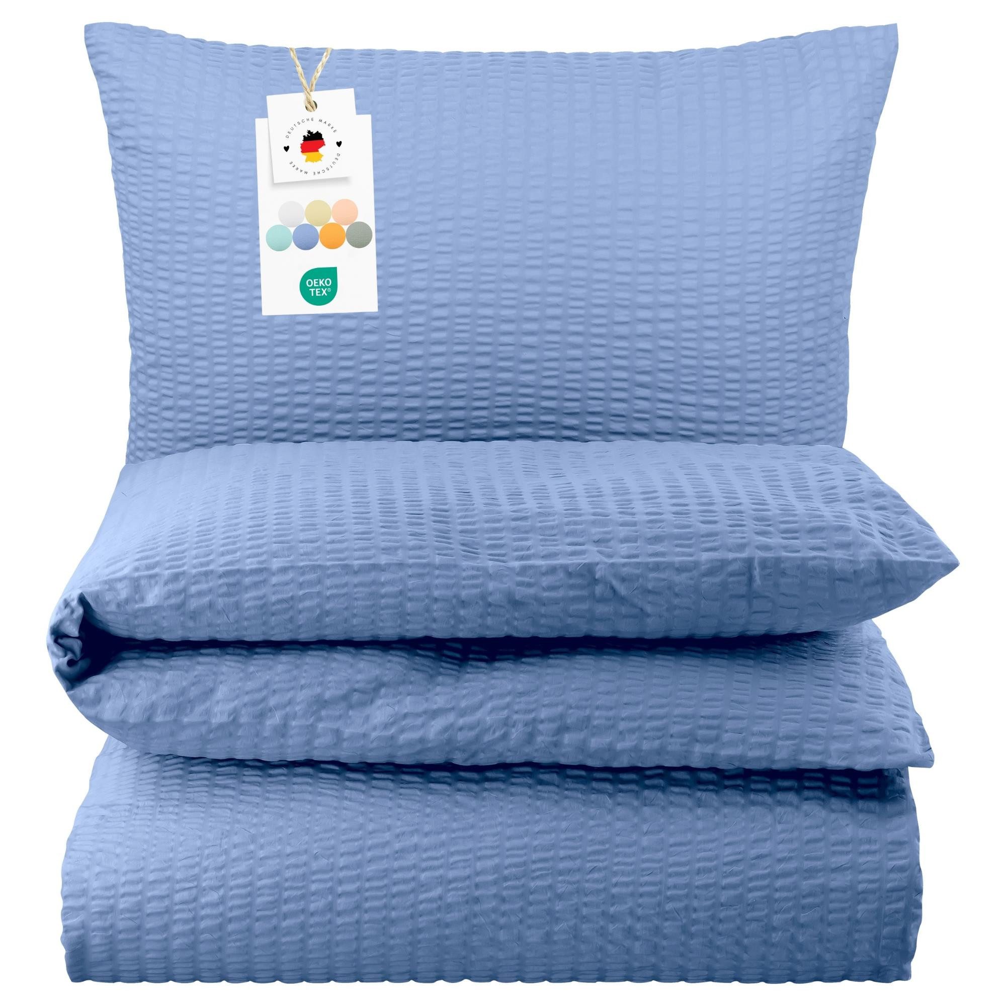 Carpe Sonno Bettwäsche Seersucker 135x200 155x220 Bügelfrei Sommer Bettbezug 100% Baumwolle, Seersucker, 2 teilig, Kühlende Bettwaren Bügelfrei Pflegeleicht Einfarbig Blau 135 x 200