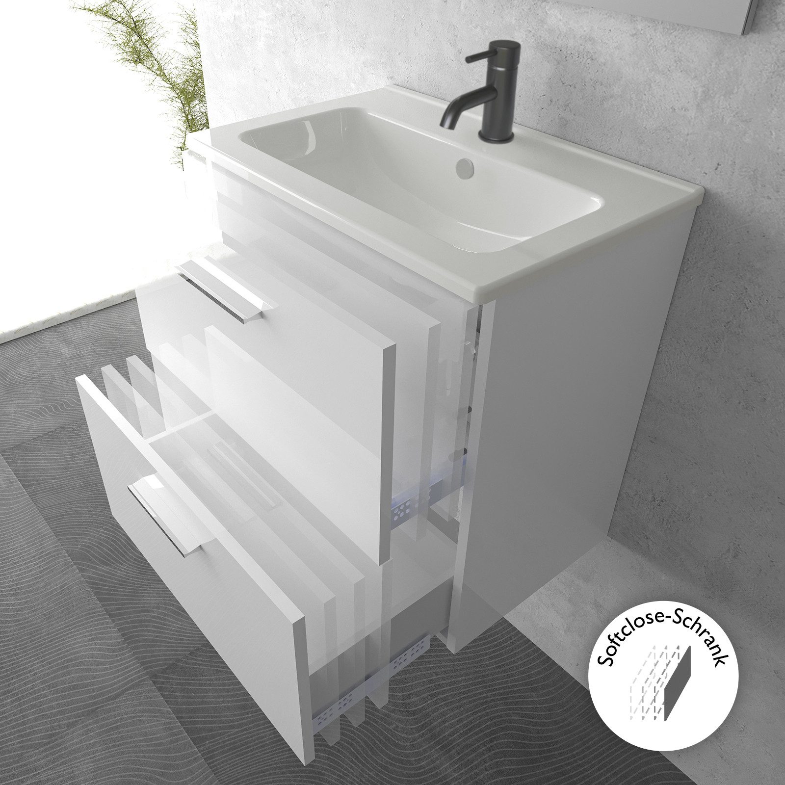 Vitra Badmöbel-Set mit Waschbecken und LED Badspiegel – Waschtisch mit Unterschrank, (Waschbecken mit Unterschrank 60 cm Breit, Waschbeckenunterschrank Weiss),  – Bild 5 von 5