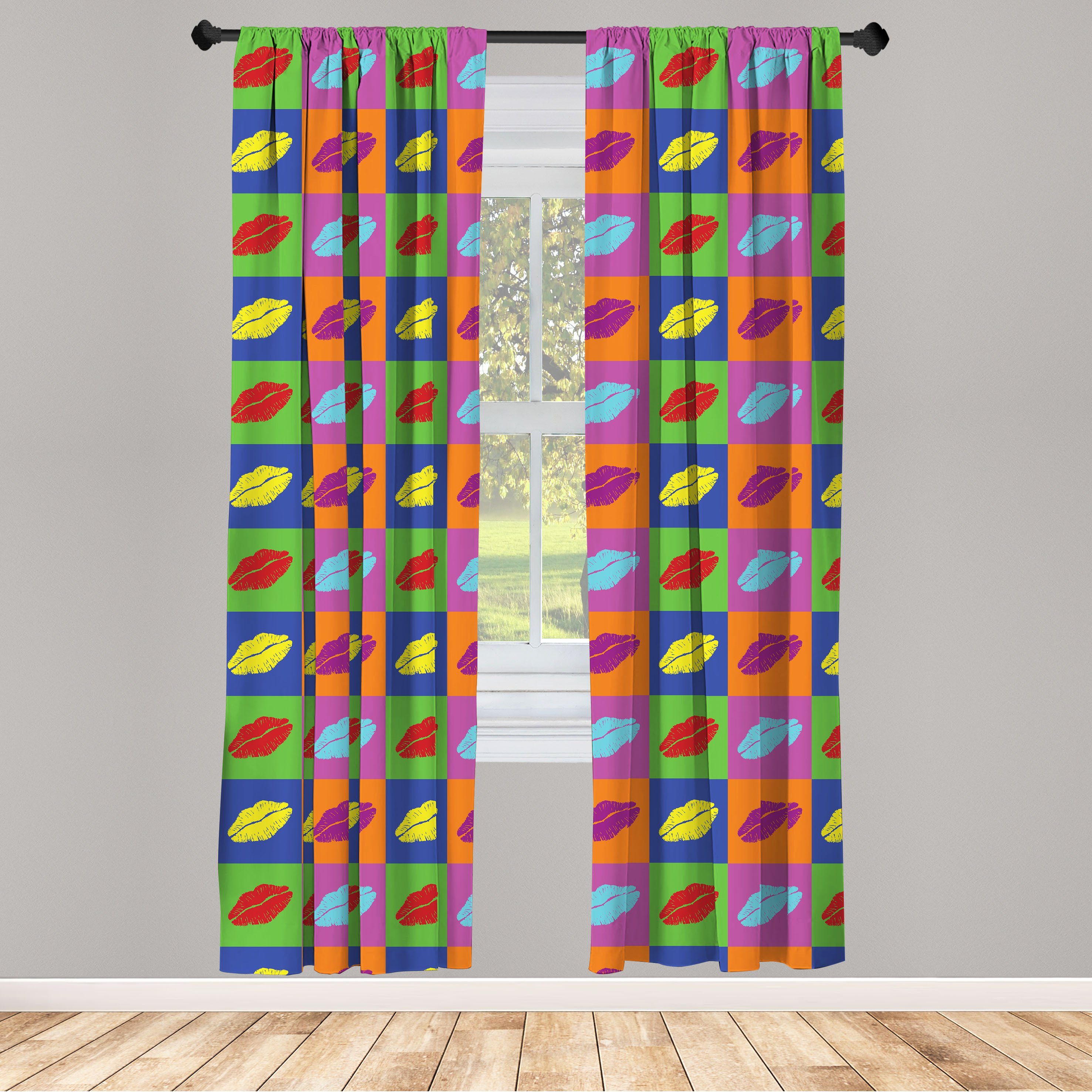 Gardine Vorhang für Wohnzimmer Schlafzimmer Dekor, Abakuhaus, Microfaser, Kuss Vibrant Pop Art Küsse