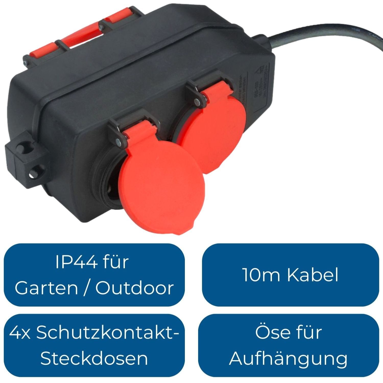 UNITEC Mehrfachstecker Garten-Steckdose 4-fach IP44 10m Steckdosenverteiler 4-fach (Klappdeckel, 10m Kabel, IP44 spritzwassergeschützt, Öse für Aufhängung, Schutzkontaktstecker, Kabellänge 10 m), Stromverteiler Block Verteilersteckdose Haken Garten Outdoor Werkstatt