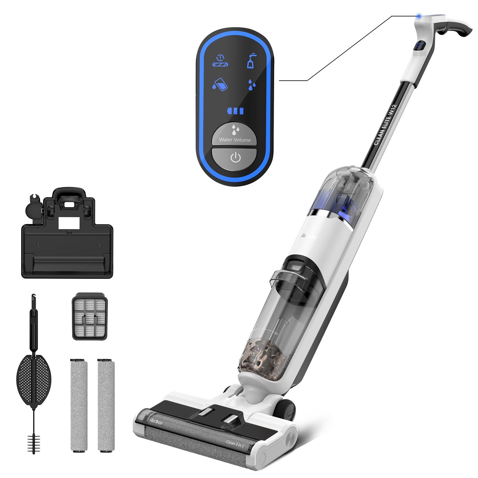 Redkey Nass-Trocken-Akkusauger Selbstreinigung, Staubsauger Kabellos, 3-in-1 Nass Trockensauger, 150,00 W, Selbstreinigung Staubsauge LED Anzeige, Zwei Wassertanks, Spracherinnerung