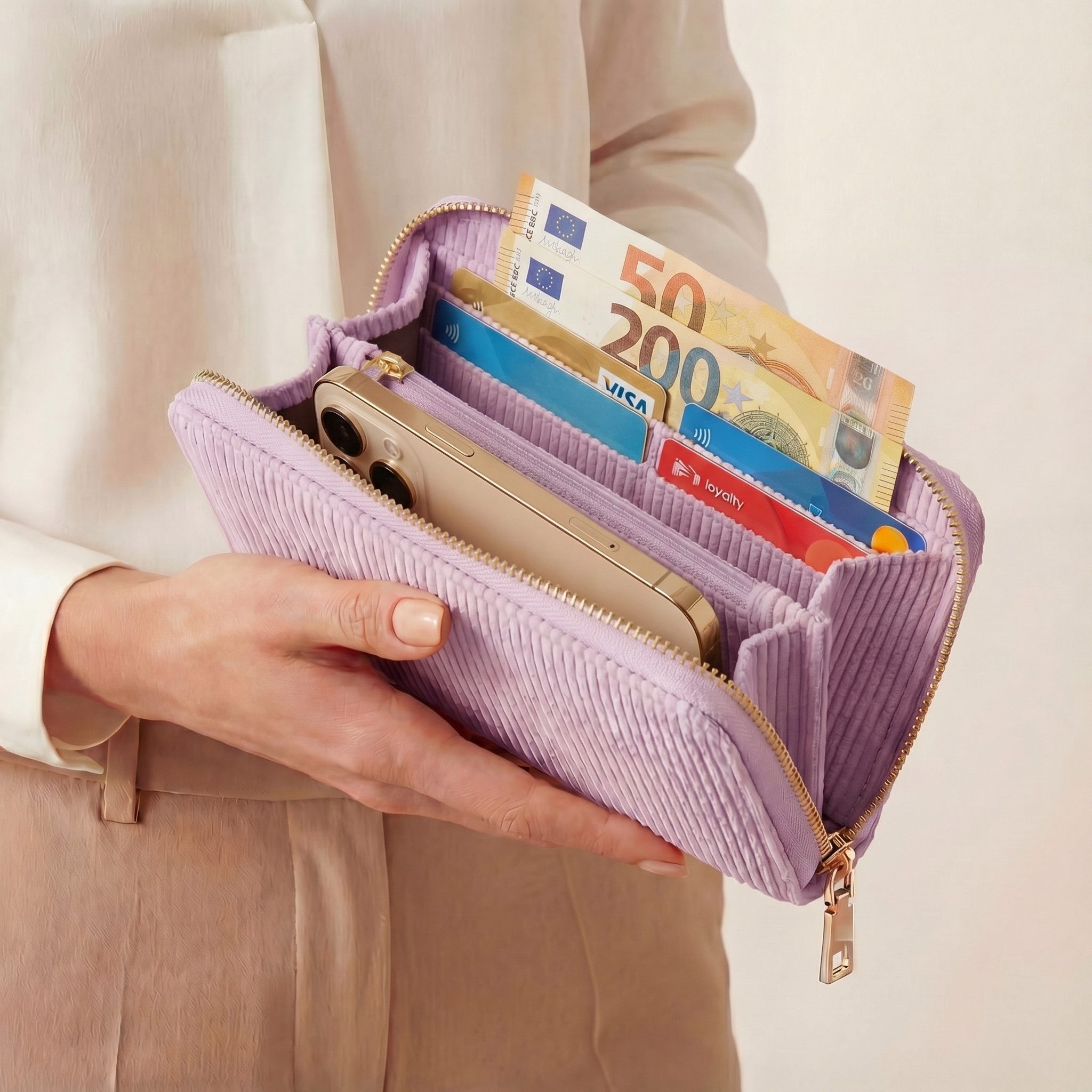 MillyMilk Geldbörse FONDO LARGE – Großer Damen Cord Geldbeutel – Stoff Portemonnaie, Cord-Geldbörse mit stabiler Form, viel Platz und Reißverschluss.