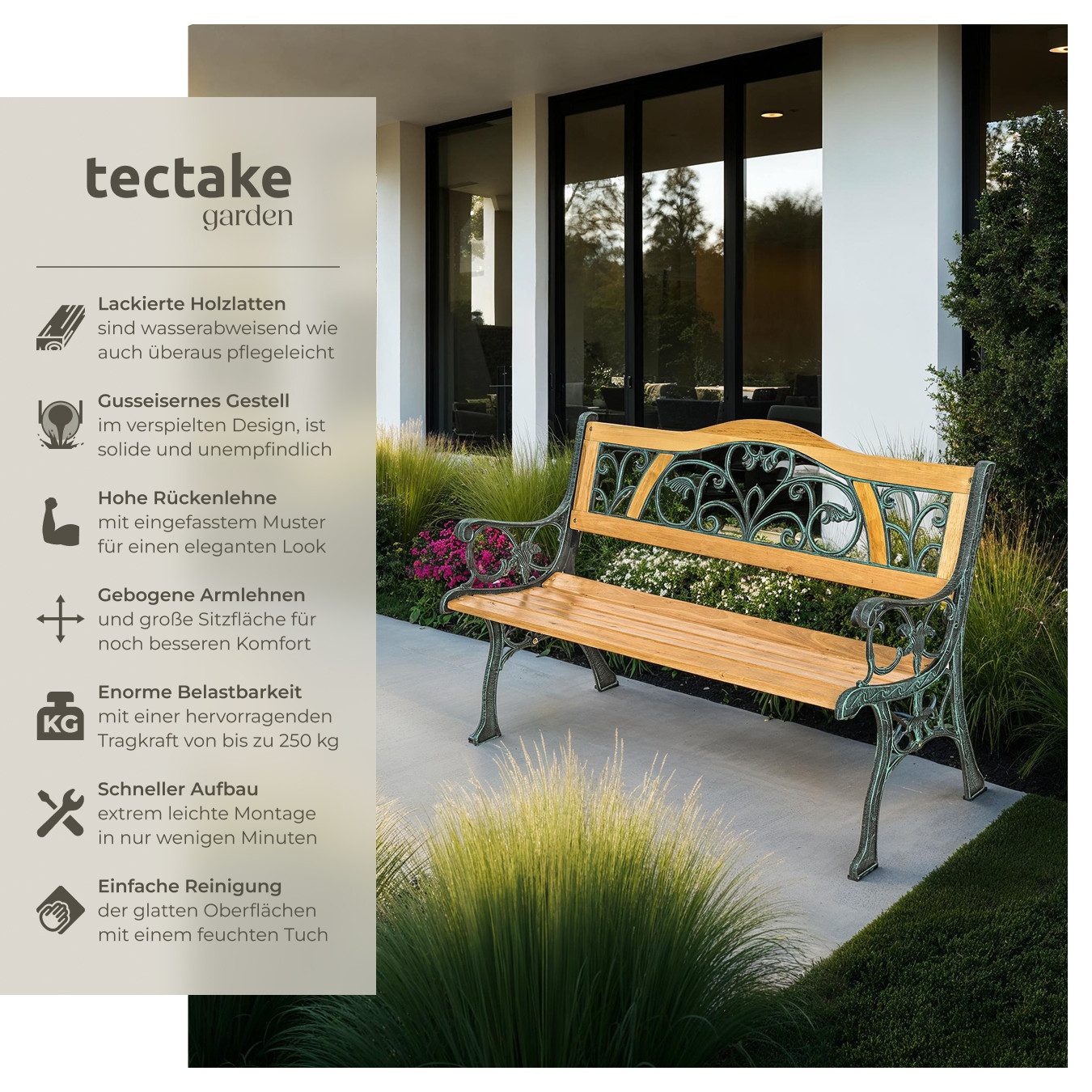 tectake Gartenbank Sitzbank Kathi 2-Sitzer aus Holz und Gusseisen 124x60x83 günstig online kaufen