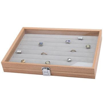 Schmuckkasten Holz Ringlade Ringe Ringbox Ringkoffer Schmucklade Schmuckkoffer Schmuckbox Ringdisplay Aufbewahrungsbox Deckel mit Echtglas, Deckel aus Echtglas